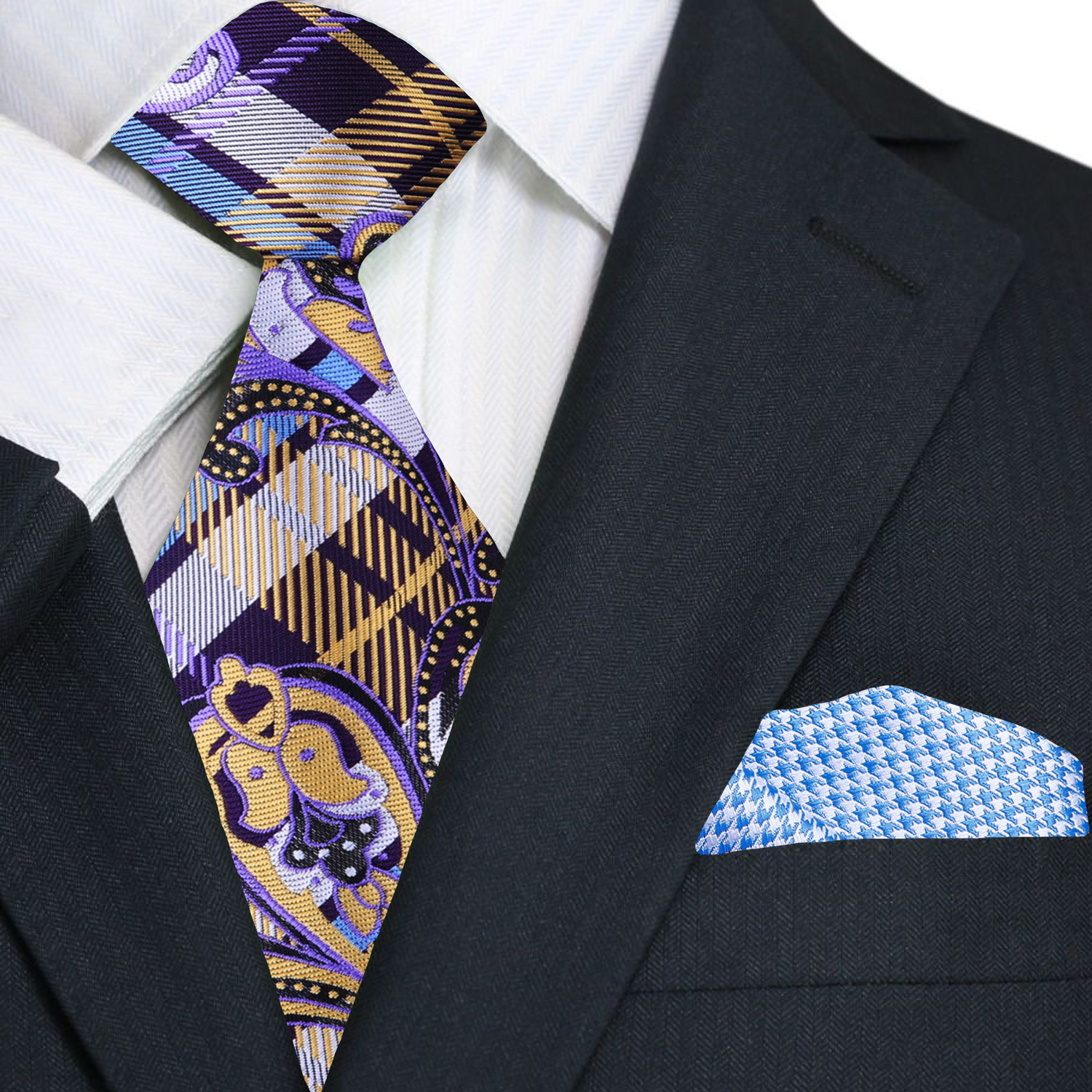 A Purple, Yellow, Light Blue Plaid and Paisley Pattern Necktie, With Accenting Pocket Square