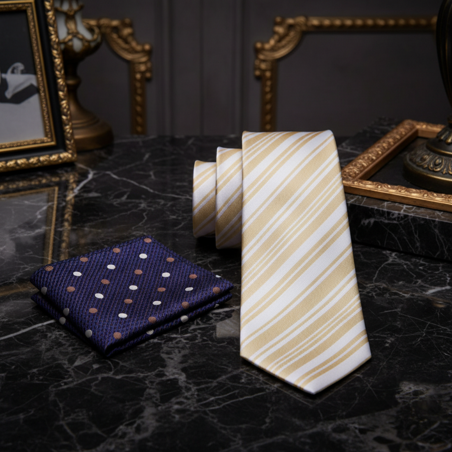 Alt Soft Gold, Pearl Stripe Tie and Accenting Pocket Square
