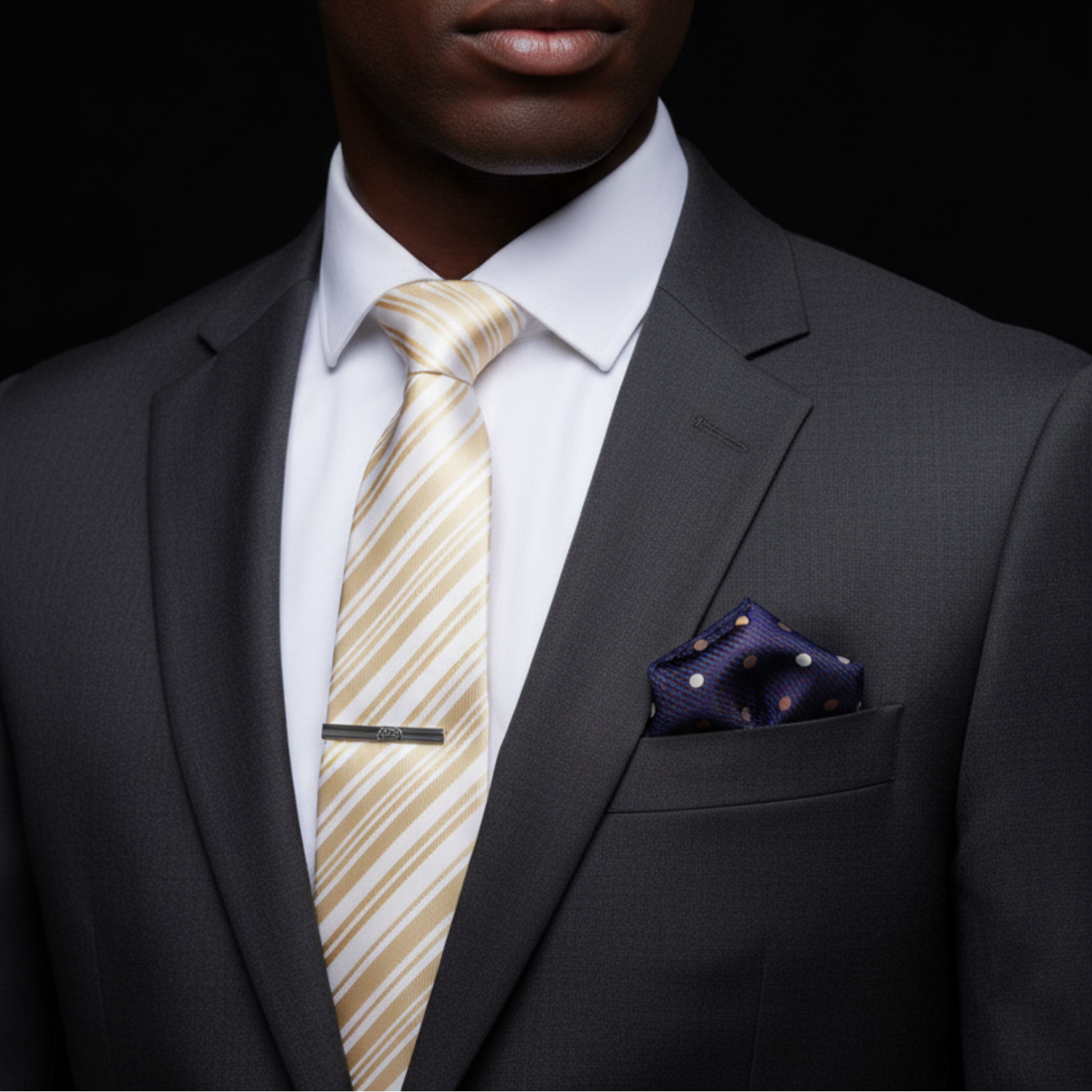 Man wearing a gray suit with a striped tie and pocket square against a black background