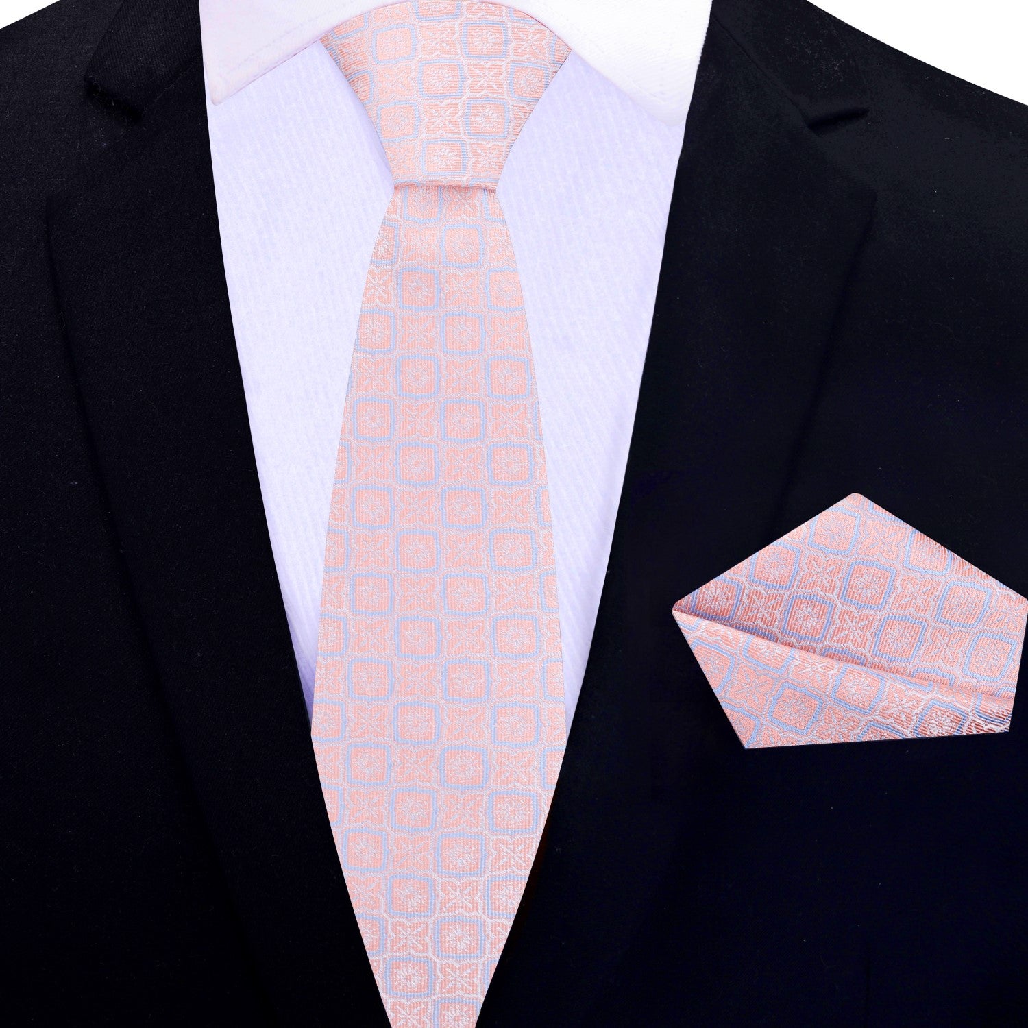 Thin Peachy Pink and Blue Geometric Tie and Square||Peach/Pink