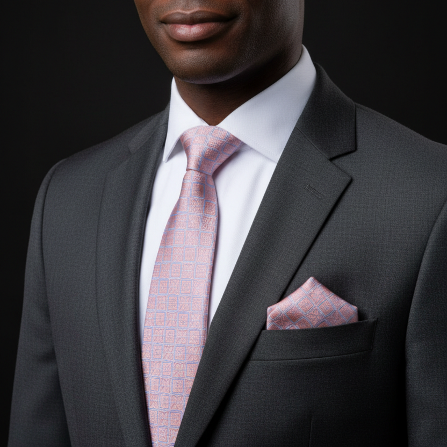 Man wearing a gray suit with a pink patterned tie and pocket square on a black background