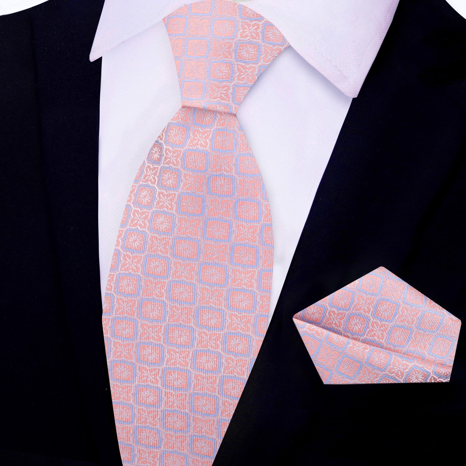 View 34 Peachy Pink and Blue Geometric Tie and Square||Peach/Pink