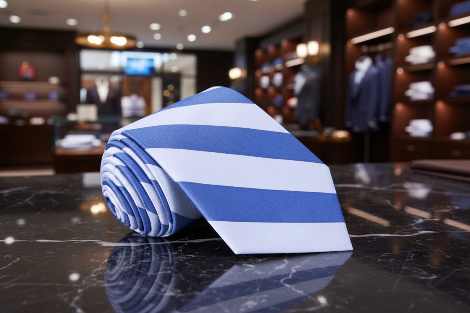 Blue and white striped tie on a marble surface with a blurred store interior in the background