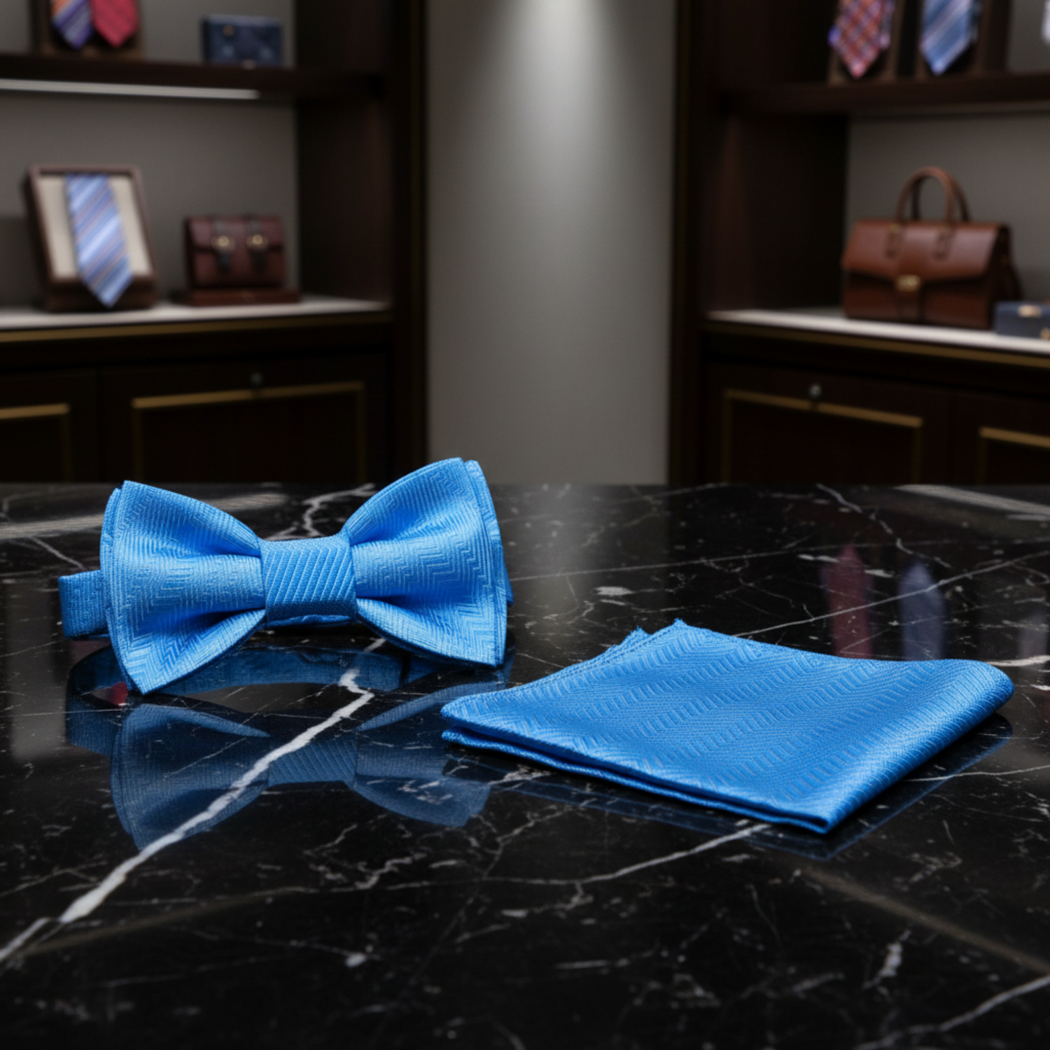 Main: A Solid Sky Blue Pattern Self Tie Bow Tie, Matching Pocket Square||Sky Blue