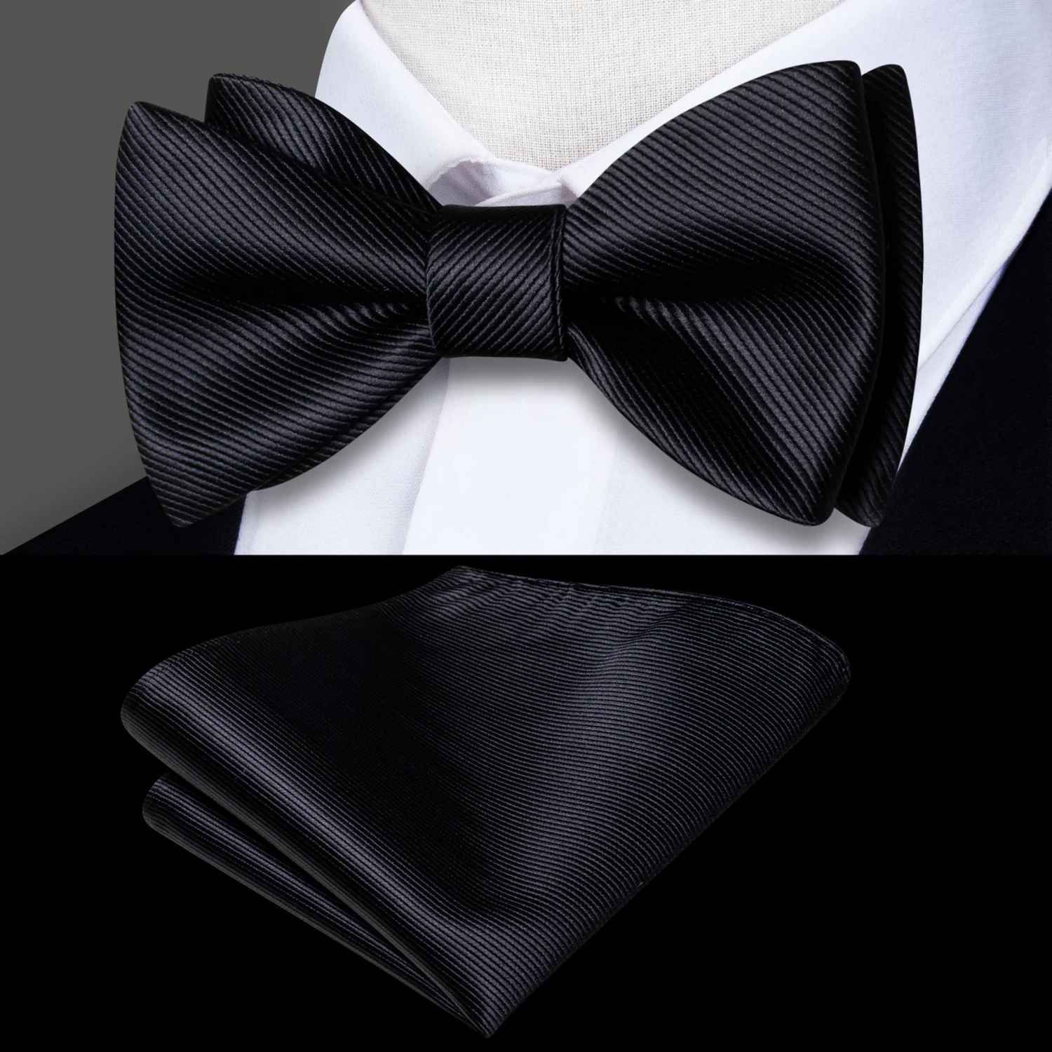Main View: A Black Solid Pattern Self Tie Bow Tie, Matching Pocket Square On Suit