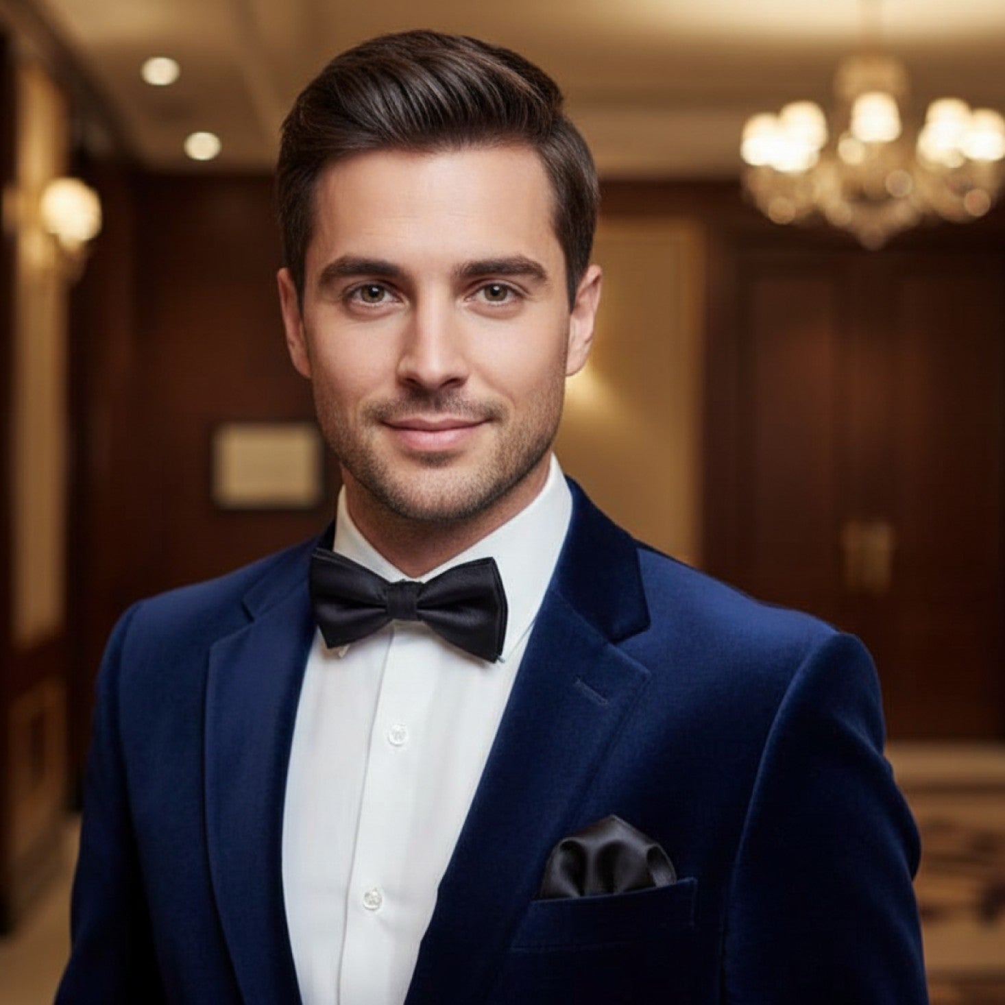 Man in a blue suit with a bow tie in an elegant indoor setting