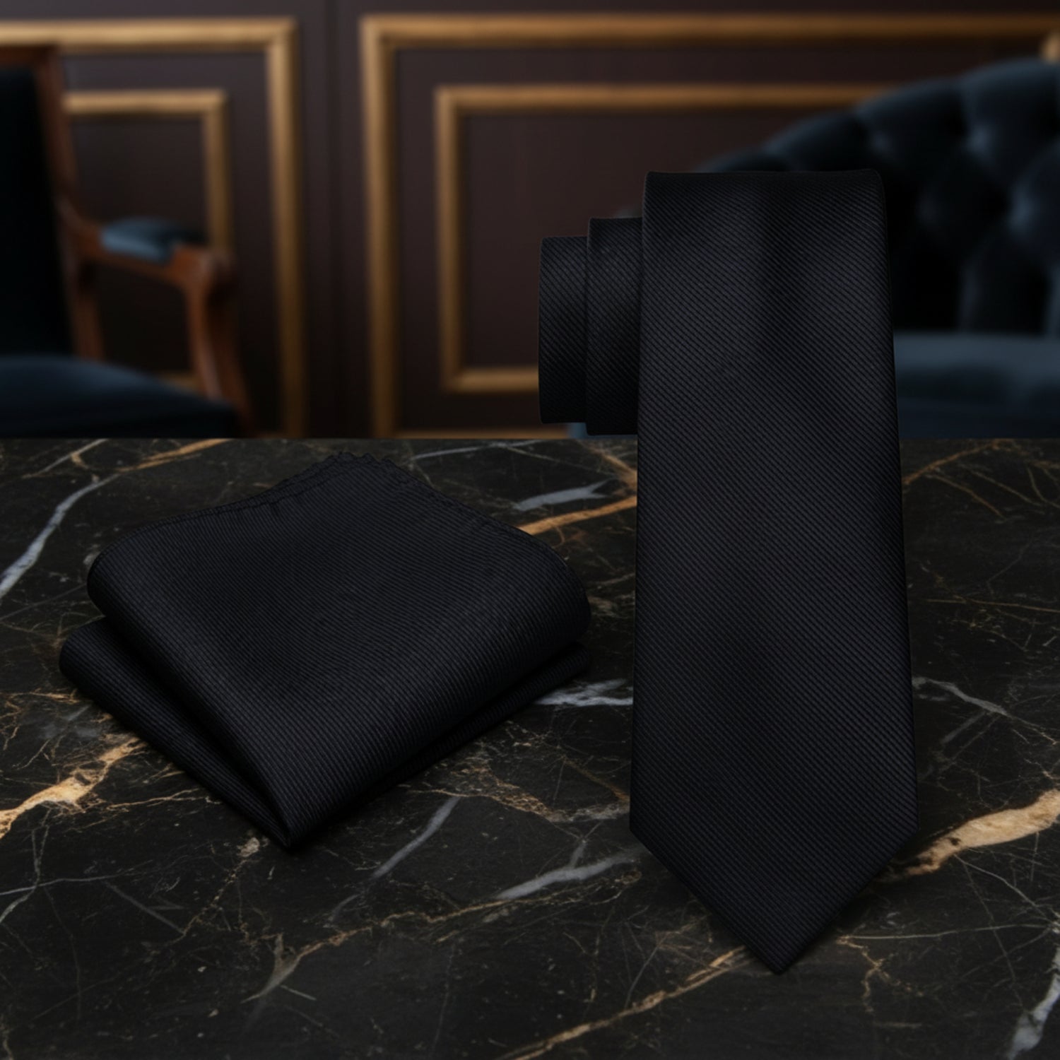Alt View: Solid Black Necktie with Matching Pocket Square
