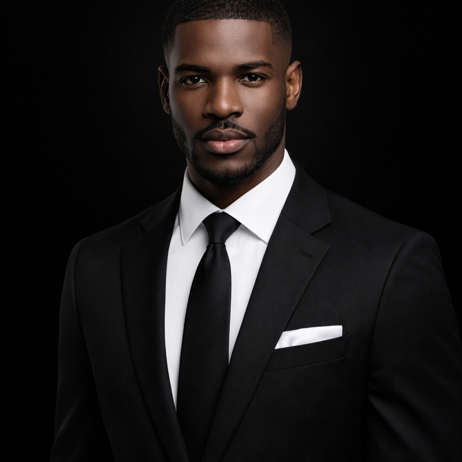 Man wearing a black suit with a white shirt and black tie tie on a black background