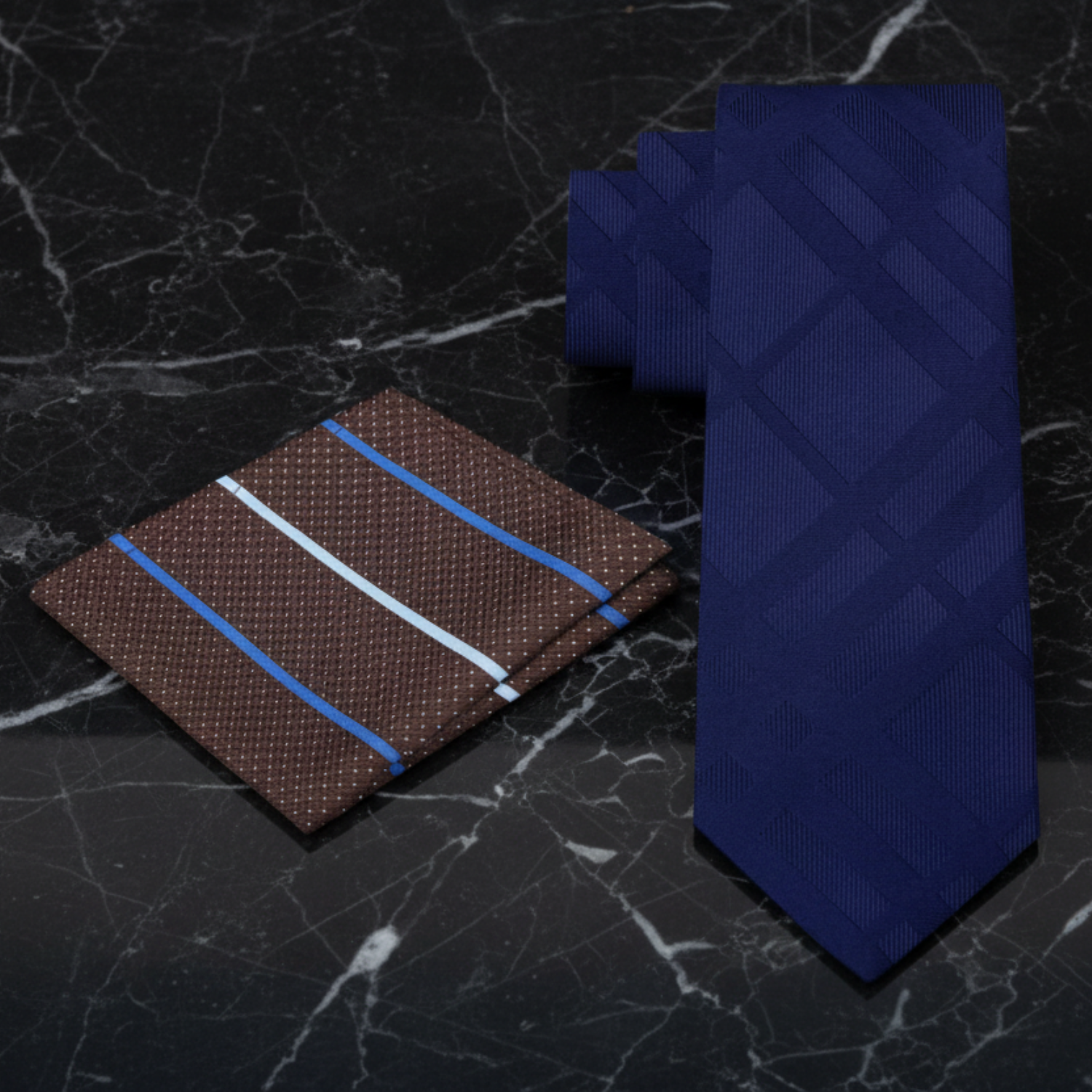 Alt View: A Solid Dark Blue With Lines Texture Necktie, Matching Pocket Square