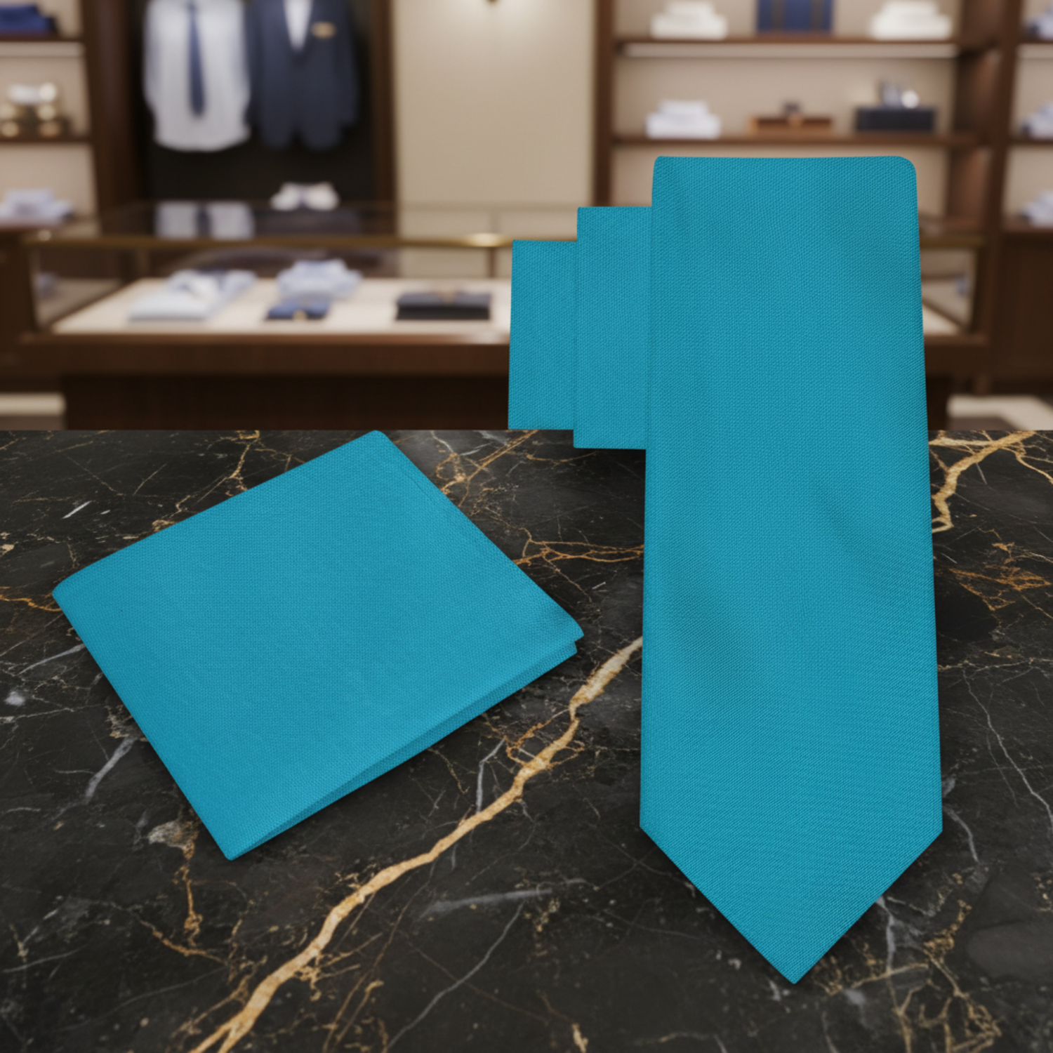 Alt View: Caribbean Blue Green Necktie with Matching Pocket Square