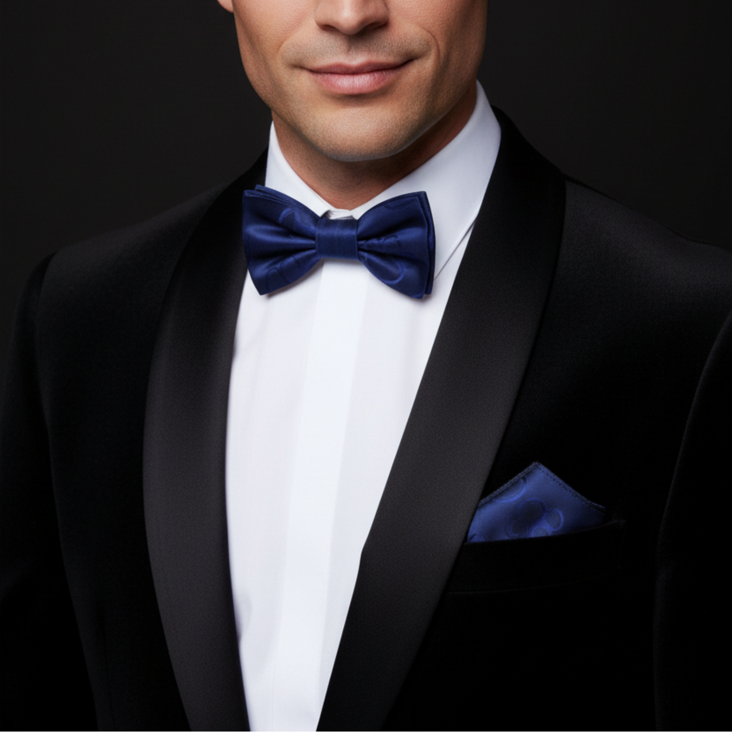 Man wearing a black tuxedo with a blue bow tie and pocket square on a dark background