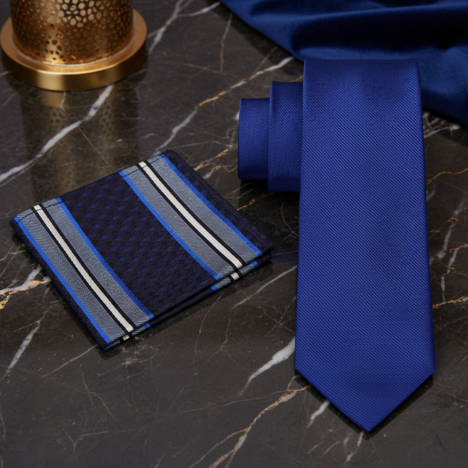 Alt View: Navy Blue Tie with Accenting Pocket Square