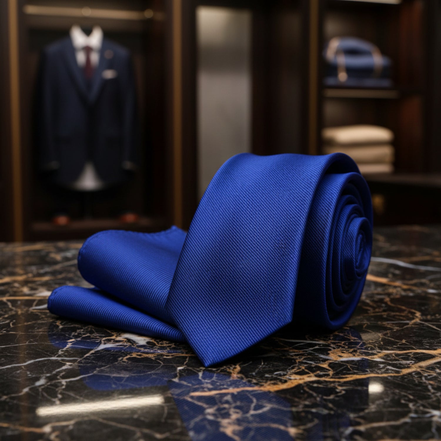 Alt View: Navy Blue Tie with Matching Pocket Square