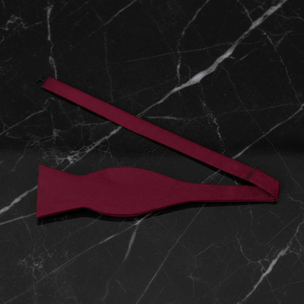 View 2: A Solid Burgundy With Small Check Texture Pattern Silk Self Tie Bow Tie