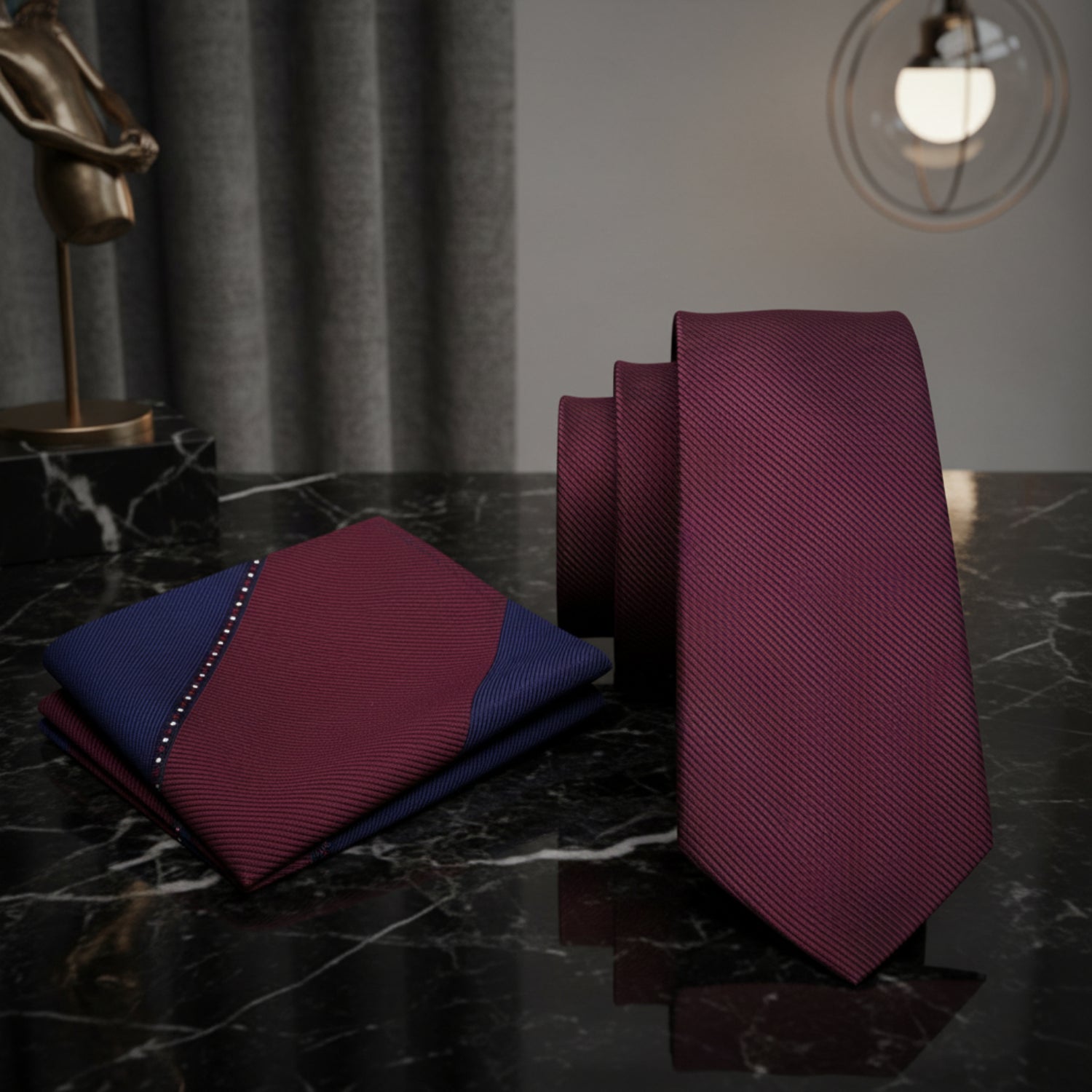Alt View: Deep Malbec Solid Necktie and Accenting Blue, Burgundy Abstract Square