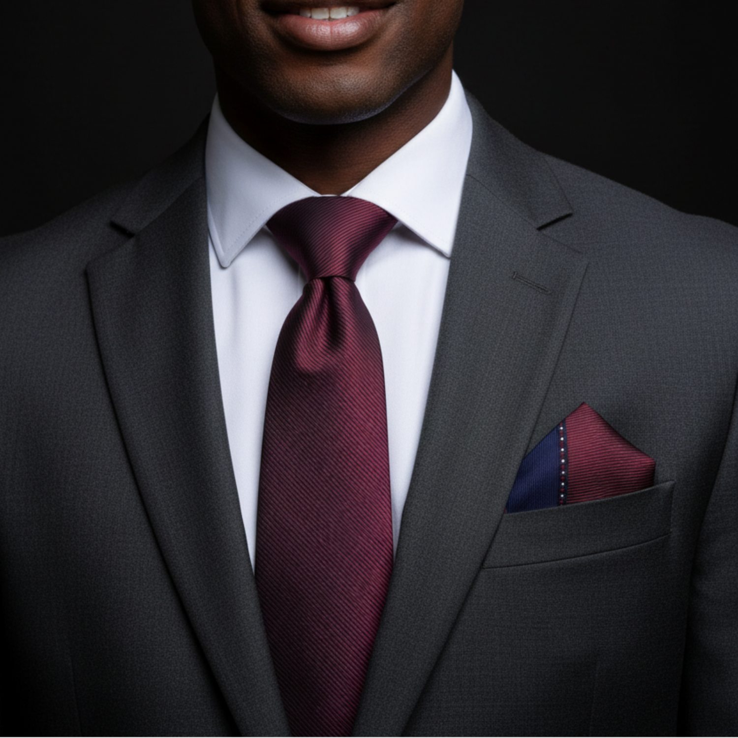 Man wearing a gray suit with a burgundy tie and pocket square on a black background