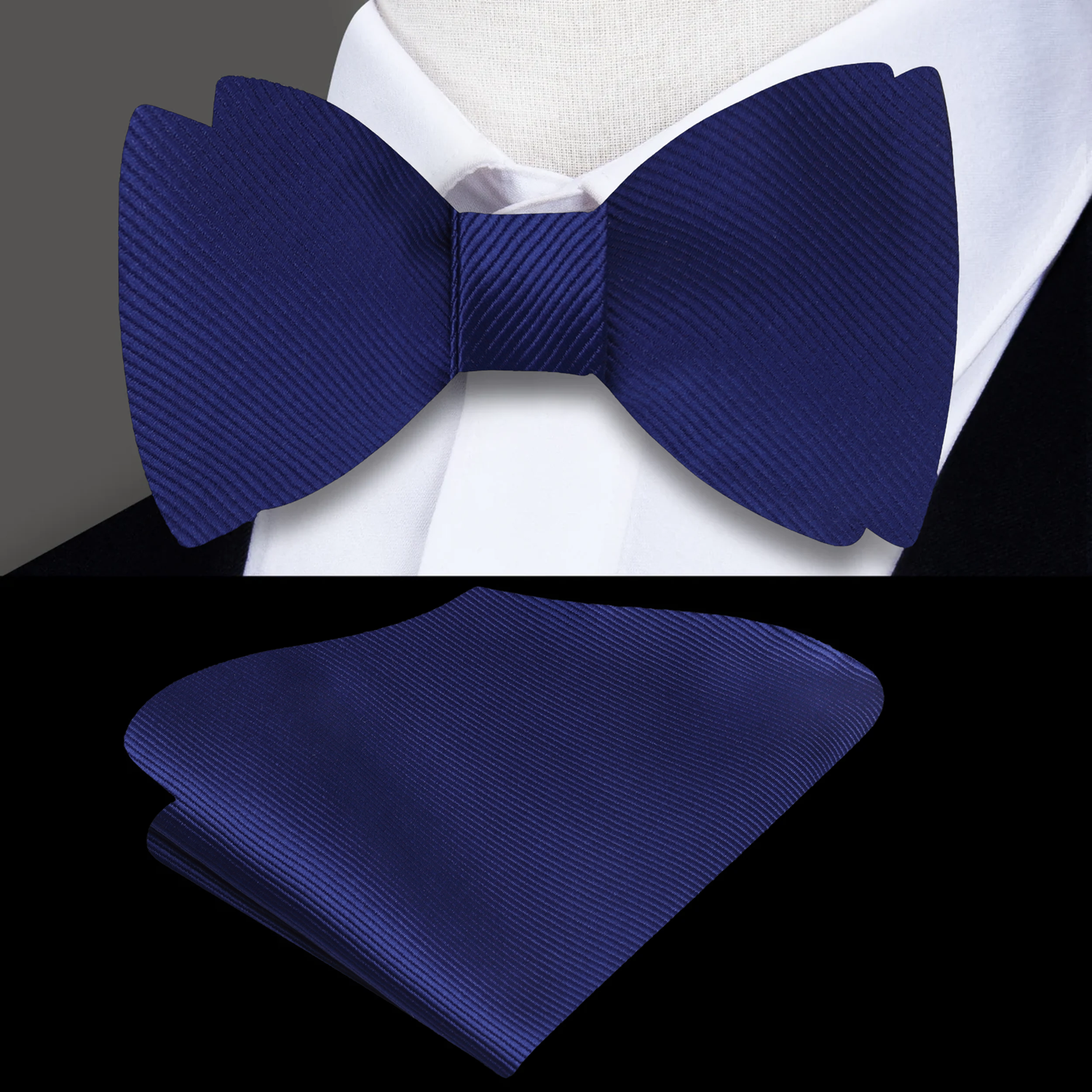 Dark Blue Lined Bow Tie and Handkerchief