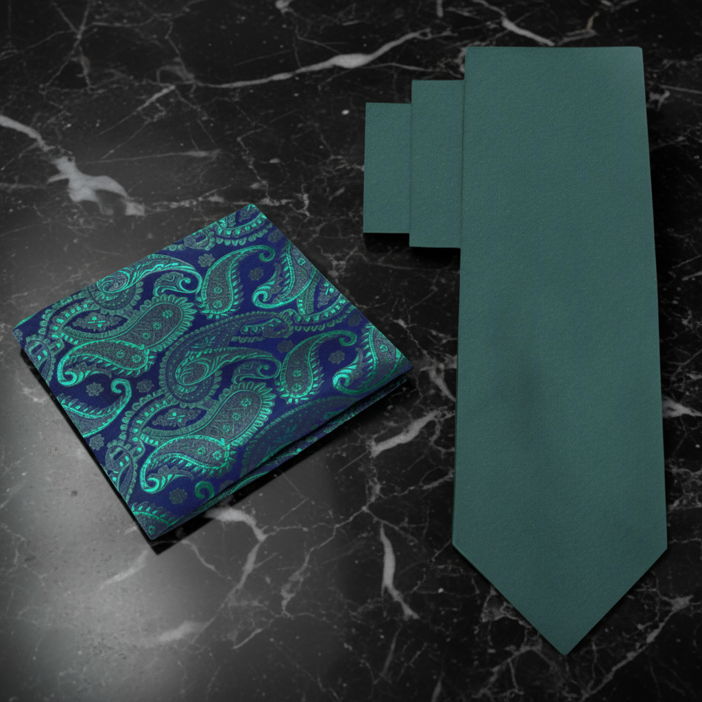 Alt View: Solid Forest Green Necktie and Accenting Blue and Green Paisley Square