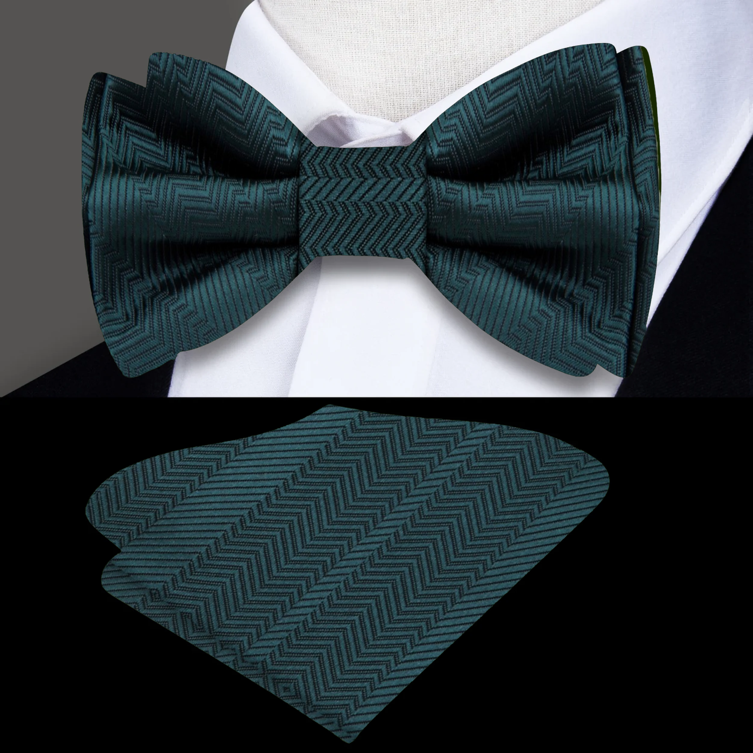 Main: A Solid Deep Pine Green Pattern Silk Self Tie Bow Tie, Matching Pocket Square