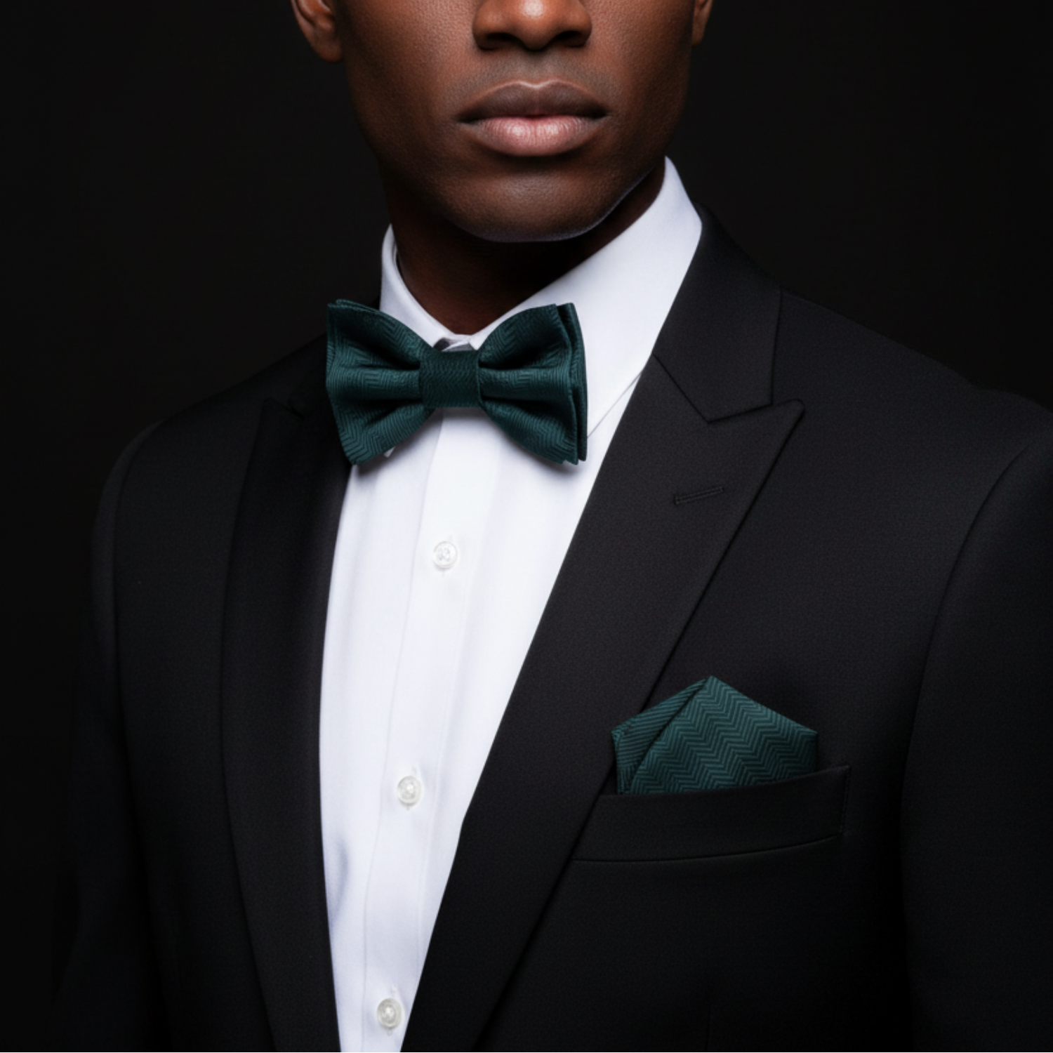 Man wearing a black suit with a green bow tie and pocket square against a dark background