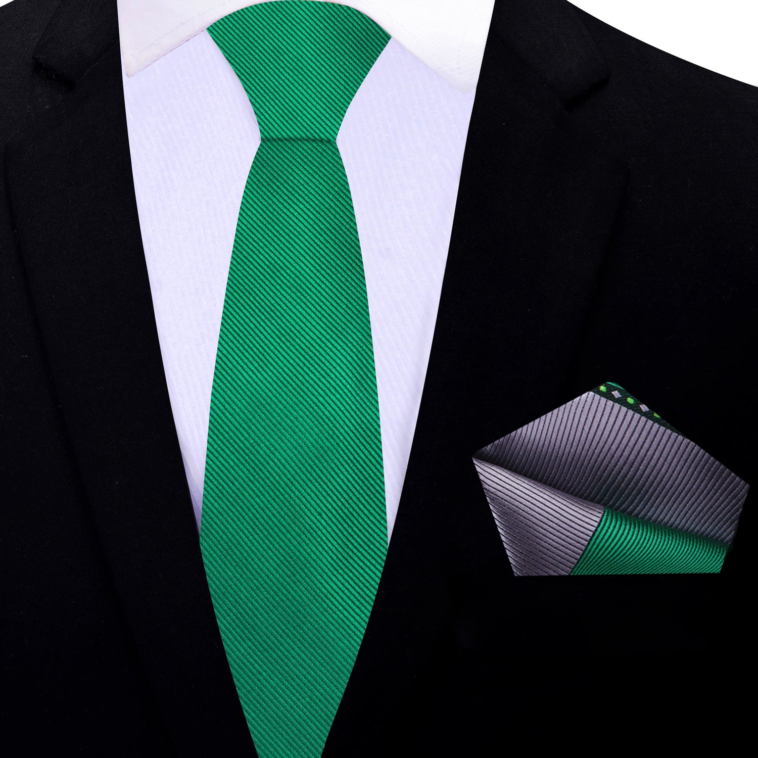 Thin Tie: Solid Green Necktie with Grey and Green Abstract Pocket Square