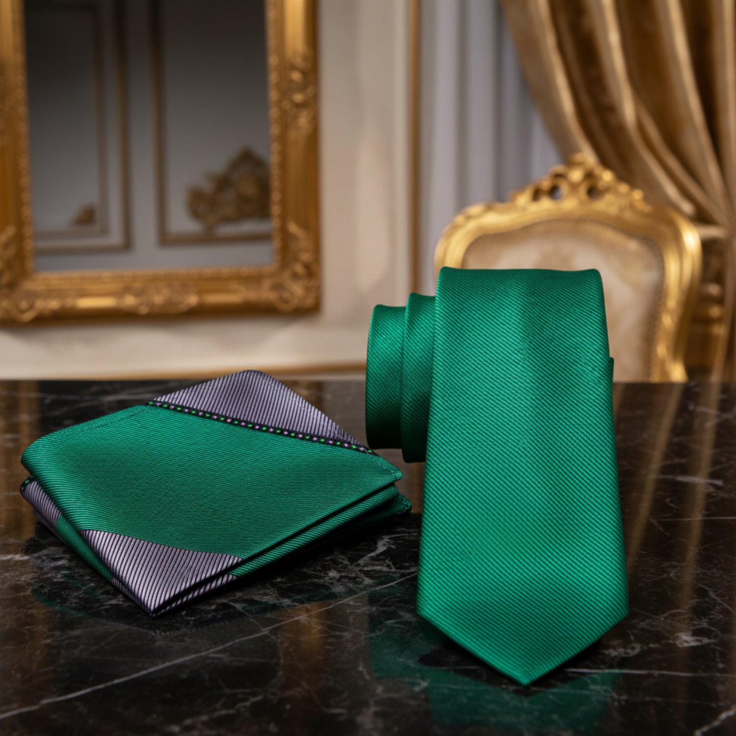 Alt View: Solid Green Necktie with Grey and Green Abstract Pocket Square