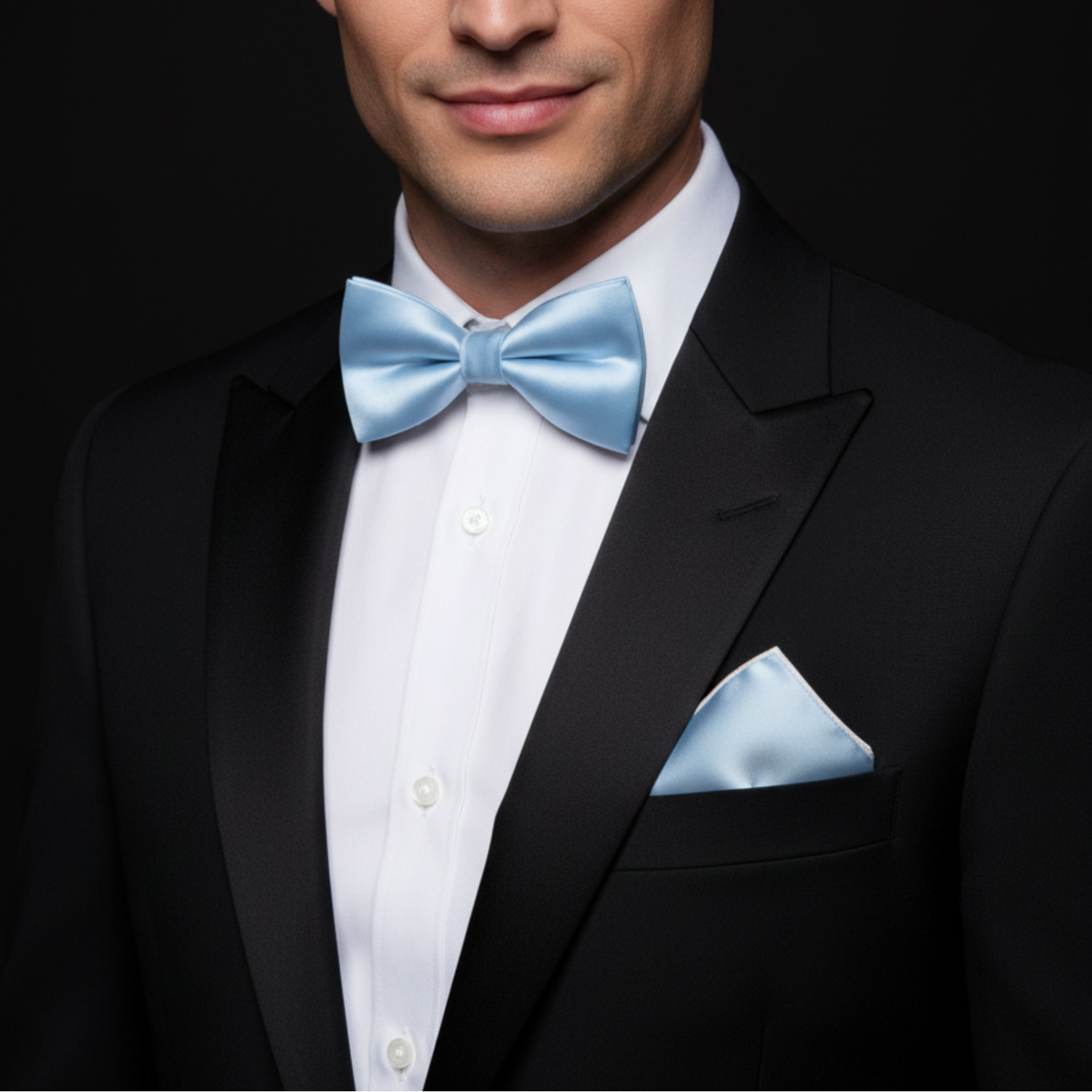 Man wearing black suit with light powder blue bow tie and square