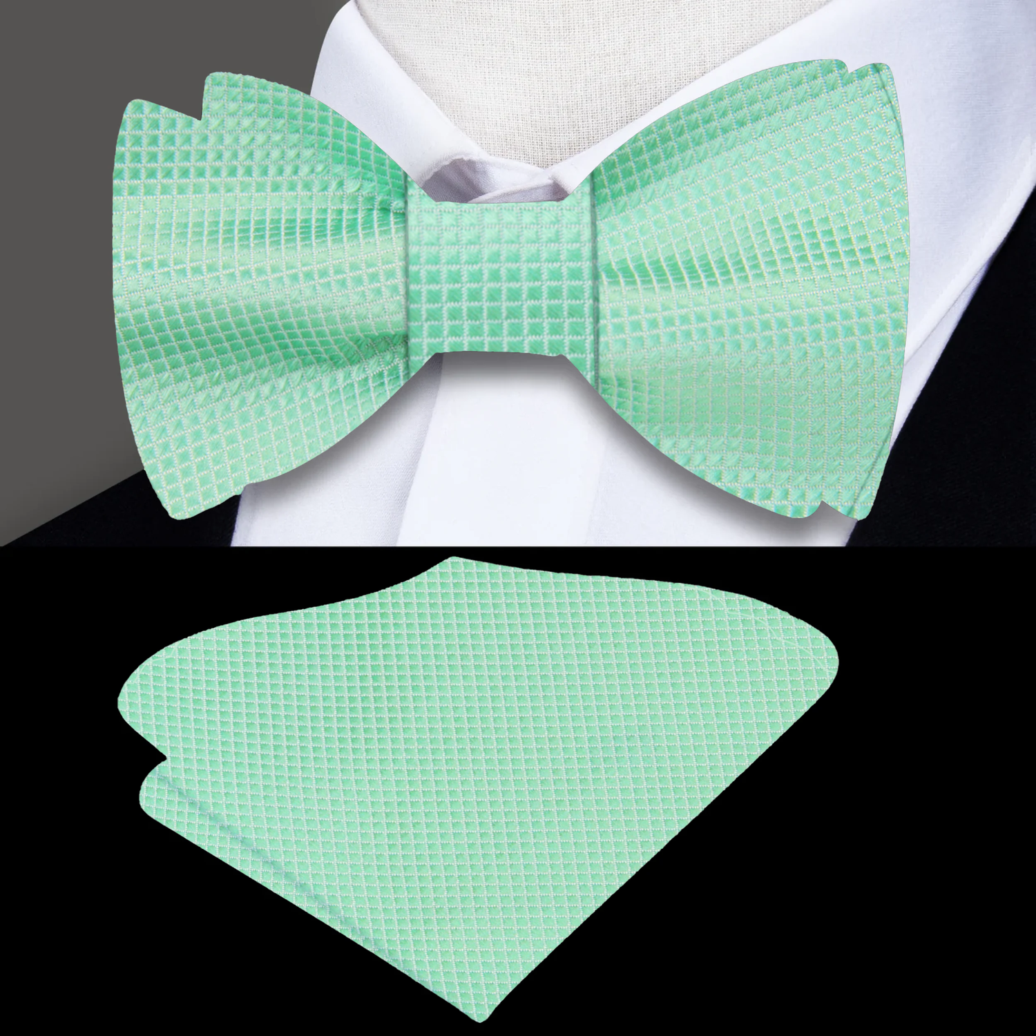 A set of kids' bow tie and pocket square in solid mint color with a block texture pattern