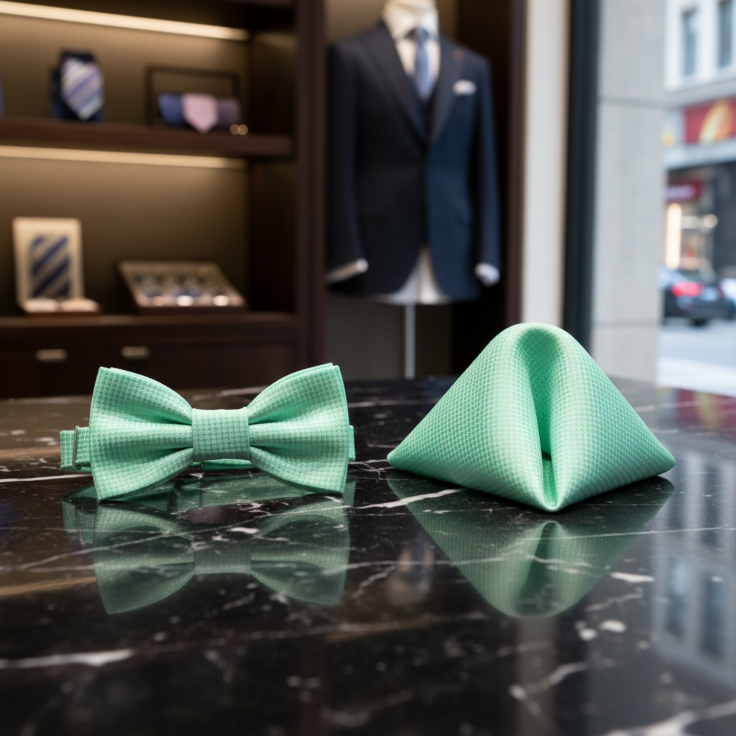 Two green bow ties on a reflective surface with a blurred background of a store interior.