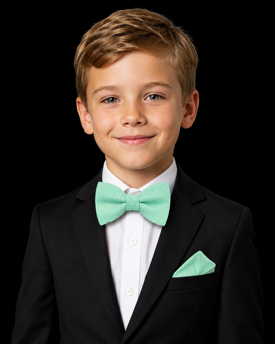 mint green bow tie and square on boy with suit