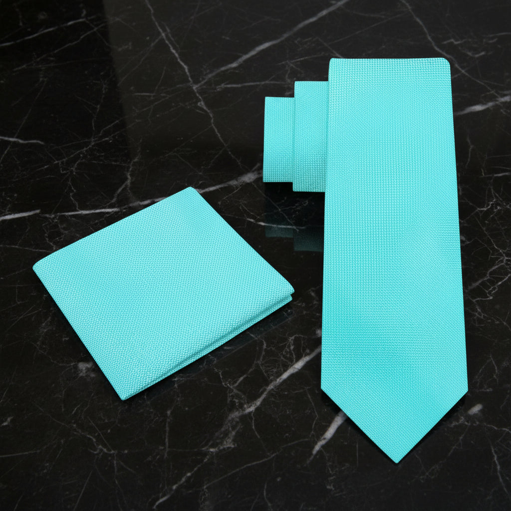 Alt View: A Solid Mint Tie With Small Check Texture Pattern Necktie With Matching Pocket Square