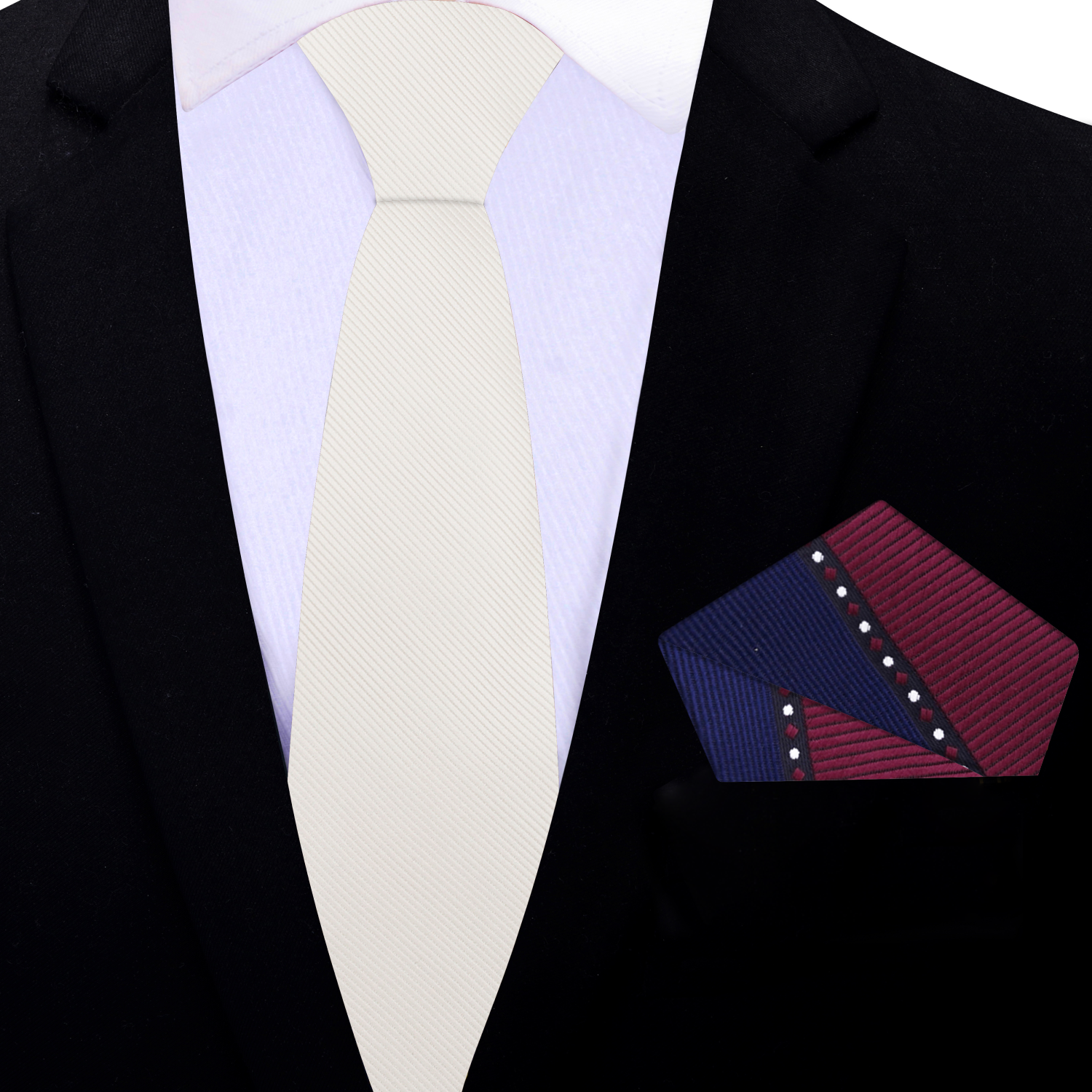 Thin Solid Off White Necktie and Accenting Burgundy and Blue Square