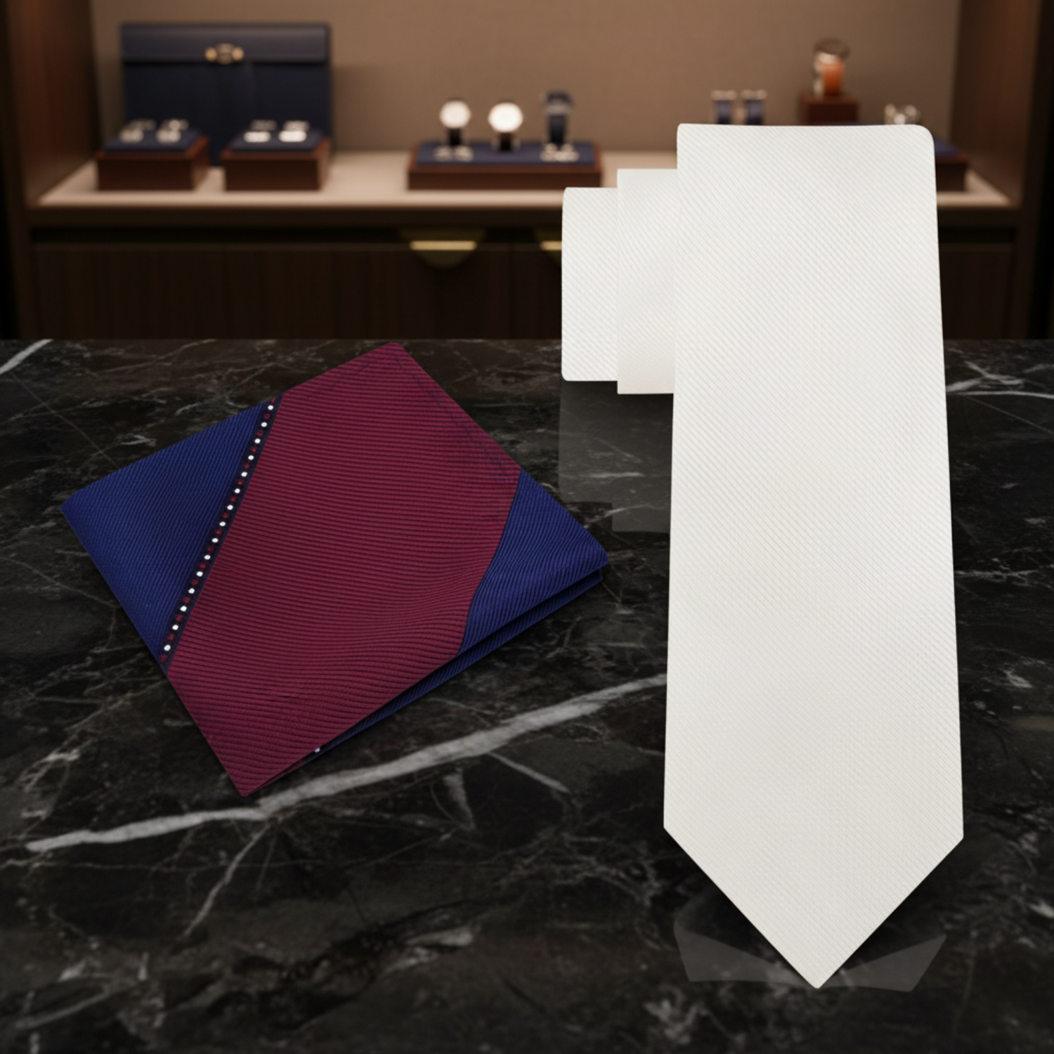 Alt Solid Off White Necktie and Accenting Burgundy and Blue Square
