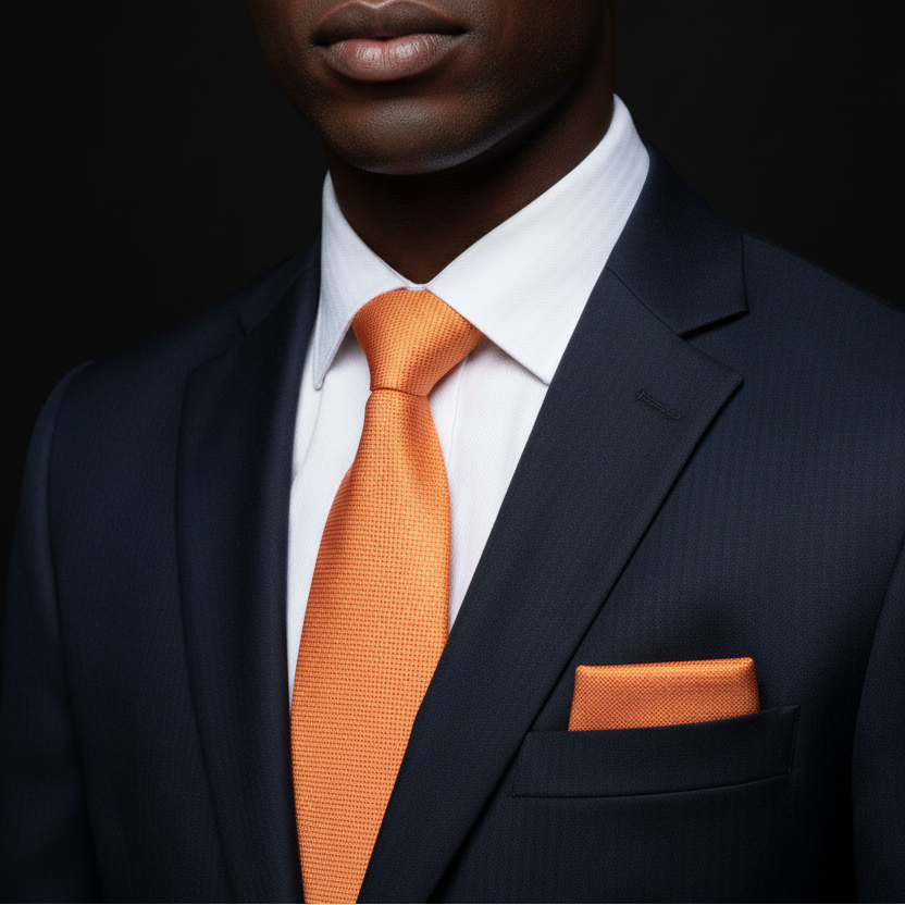 A Solid Orange With Check Texture Pattern Necktie, Matching Pocket Square||Orange