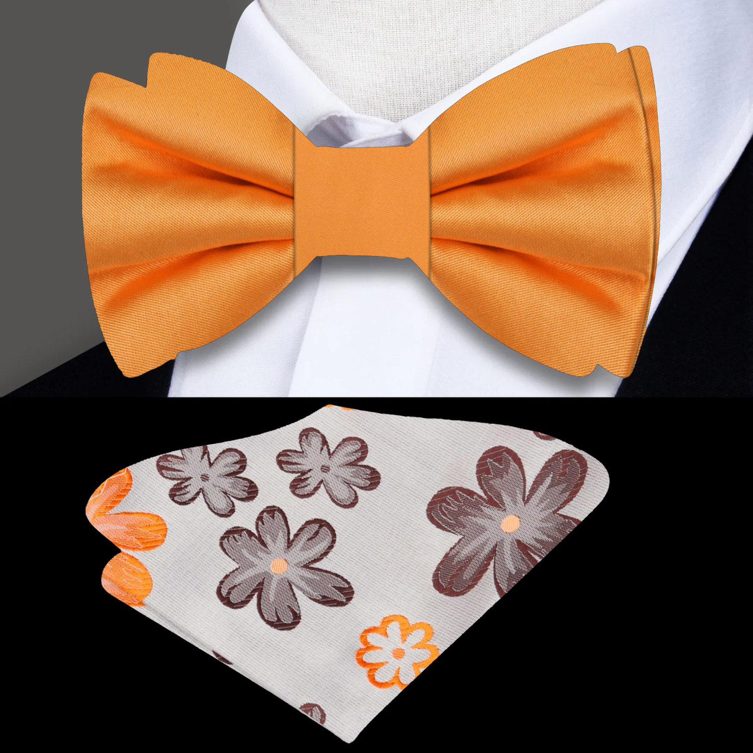 Solid Orange Bow Tie and Floral Square