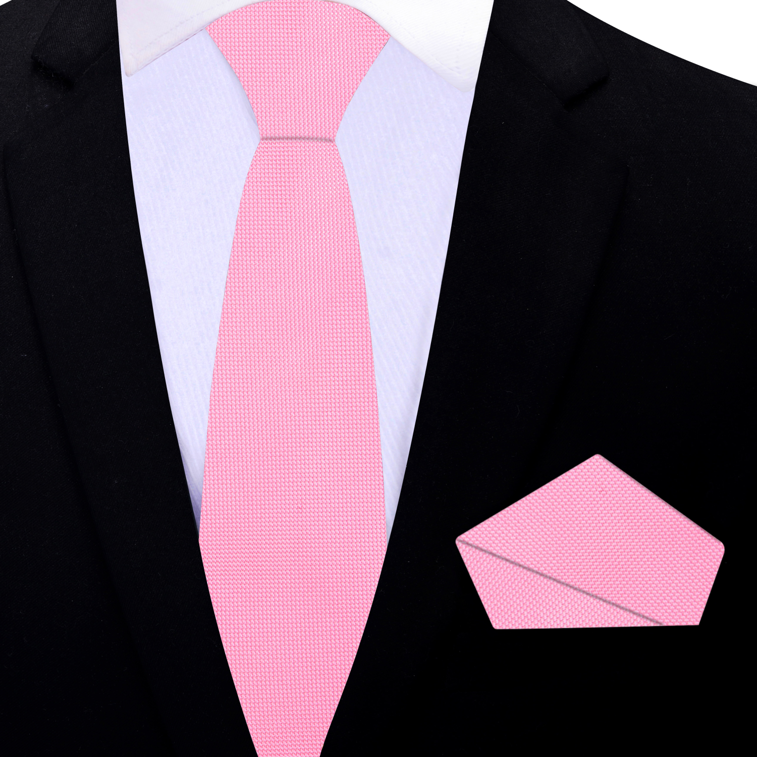 Pink thin tie and matching pocket square on a black suit jacket