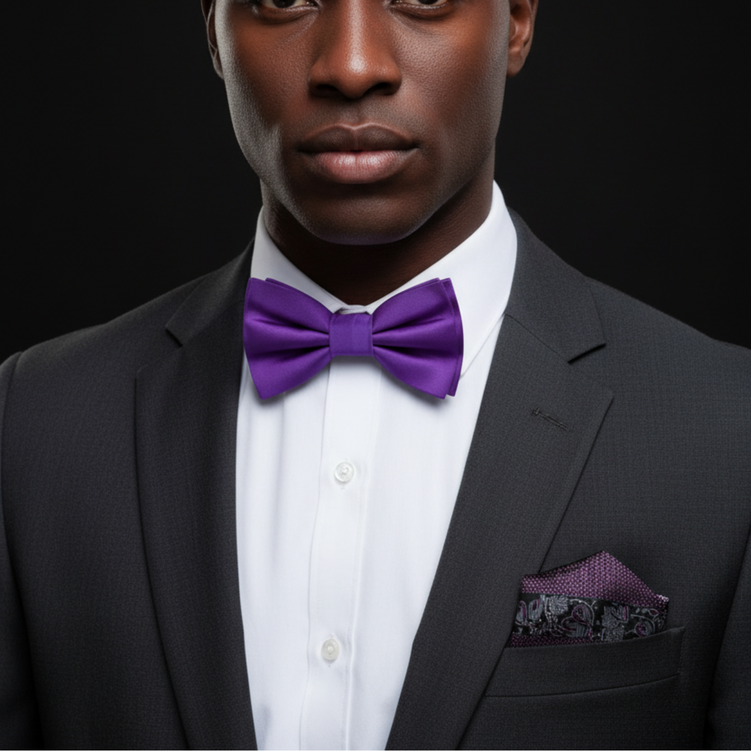 man wearing purple bow tie and accenting square