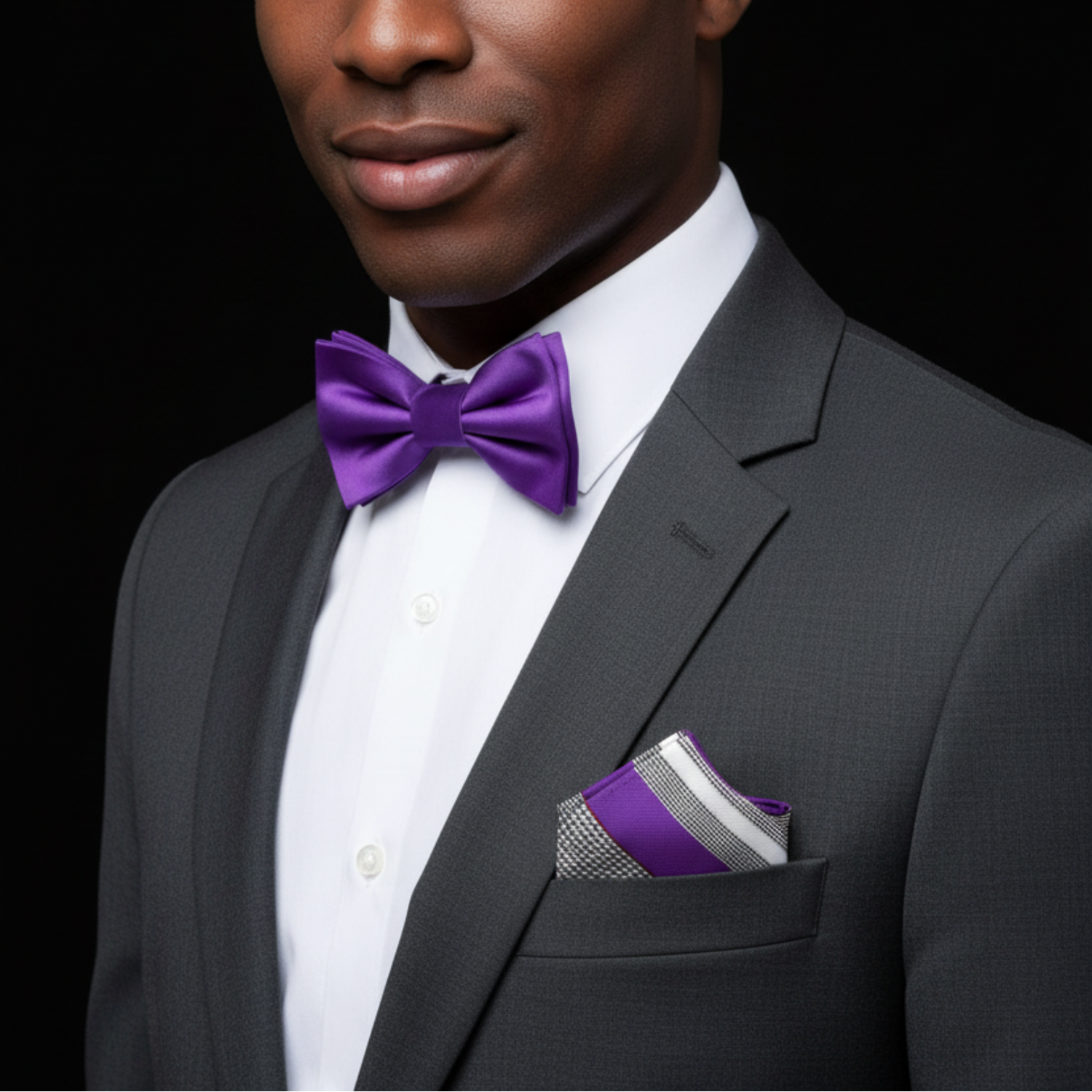 Man wearing a gray suit with a purple bow tie and matching pocket square on a black background