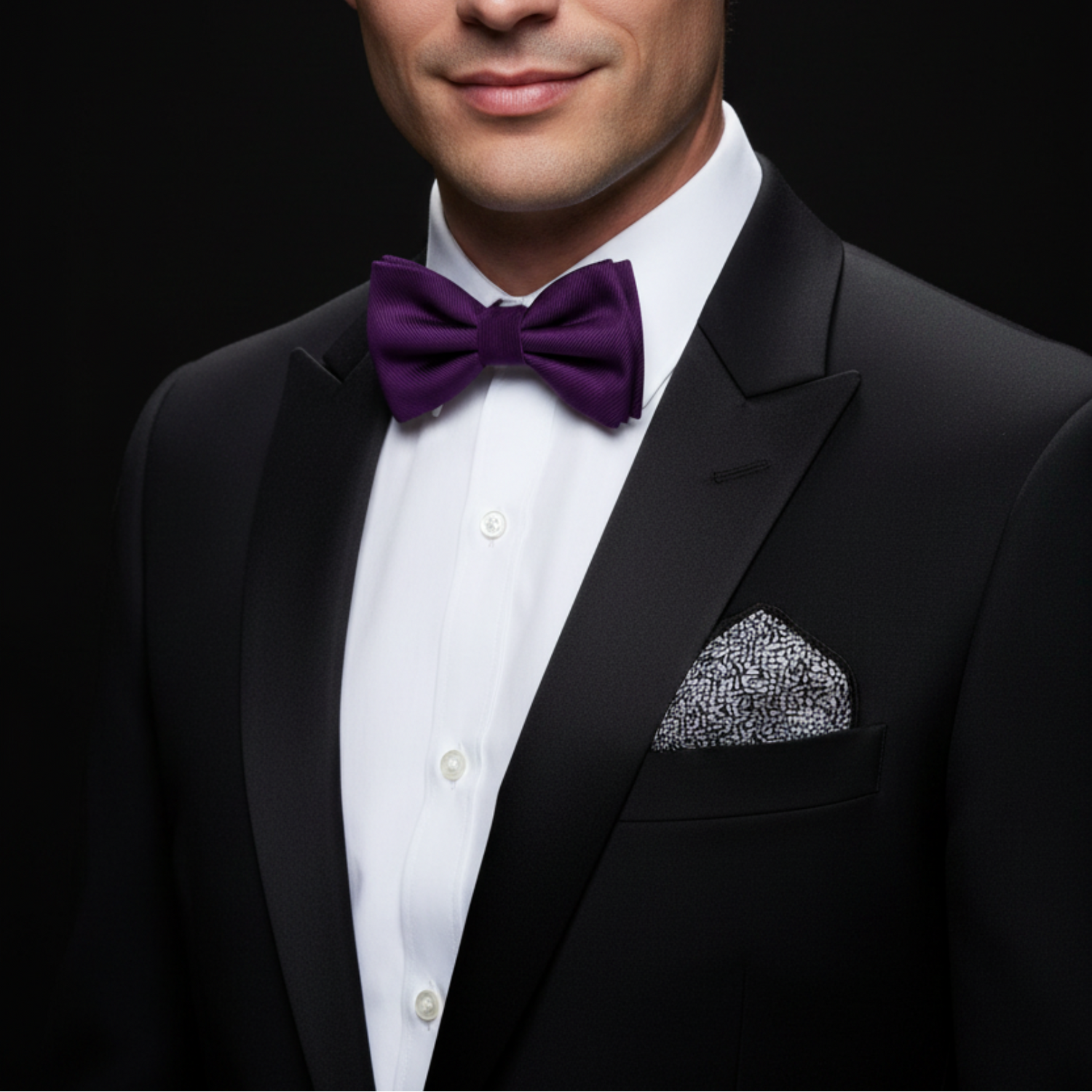 Man wearing a black tuxedo with a purple bow tie and white shirt against a black background