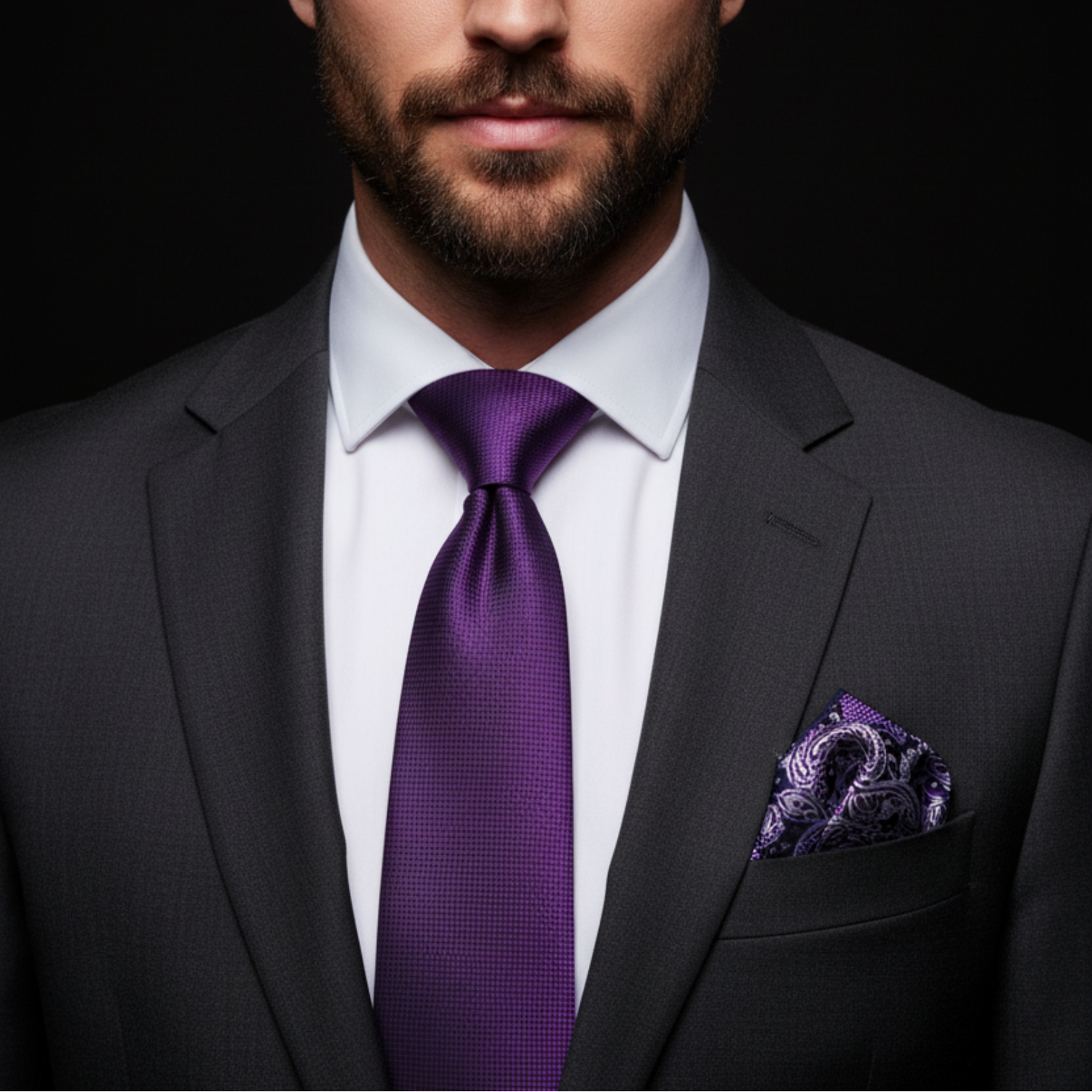 Man wearing a gray suit with a purple tie and pocket square on a black background