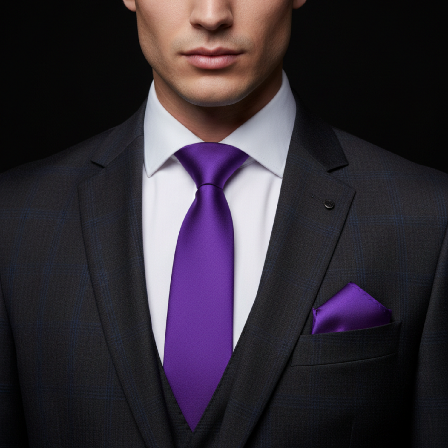Man wearing a black suit with a purple tie and pocket square on a dark background