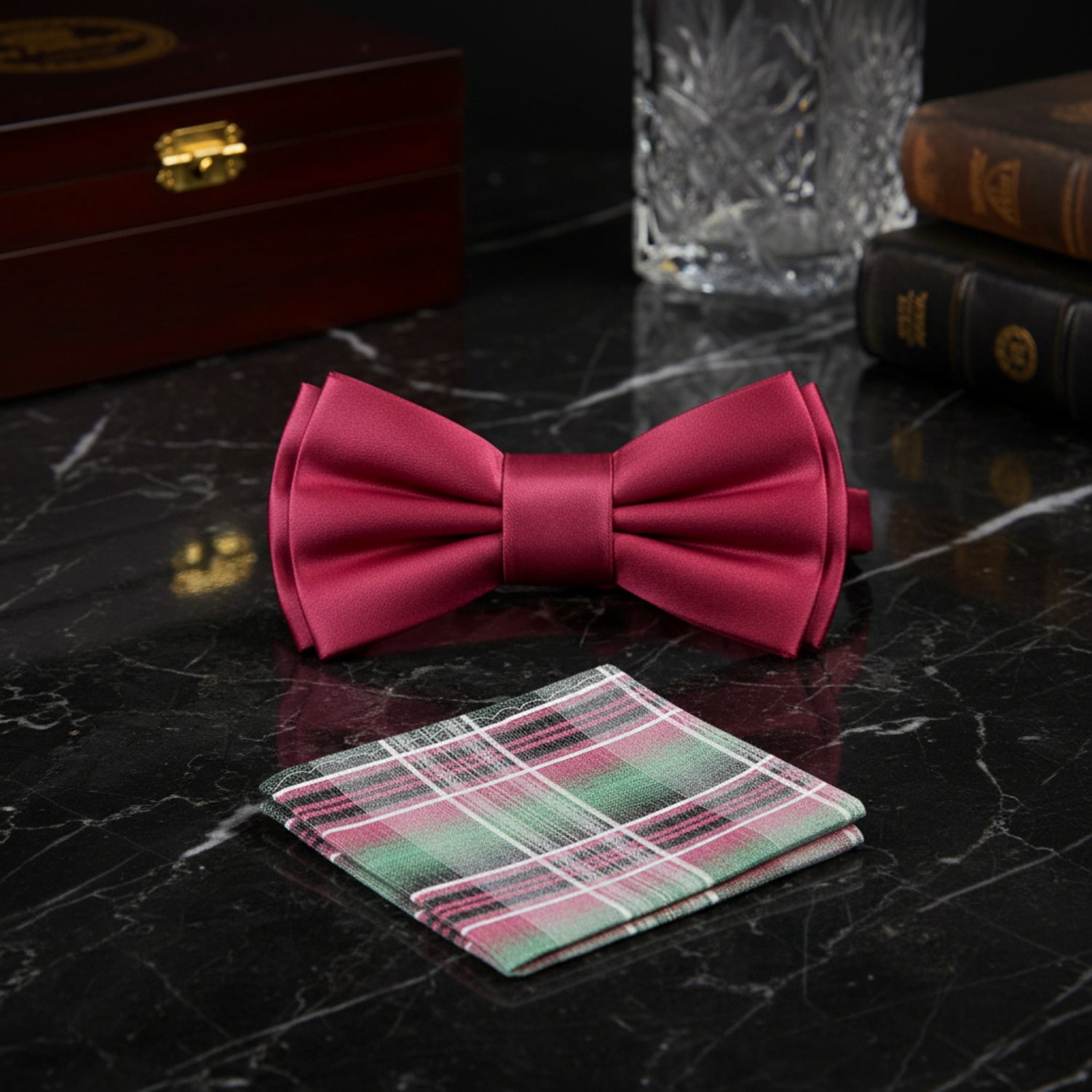 Raspberry Bow Tie with Green and Raspberry Plaid Pocket Square