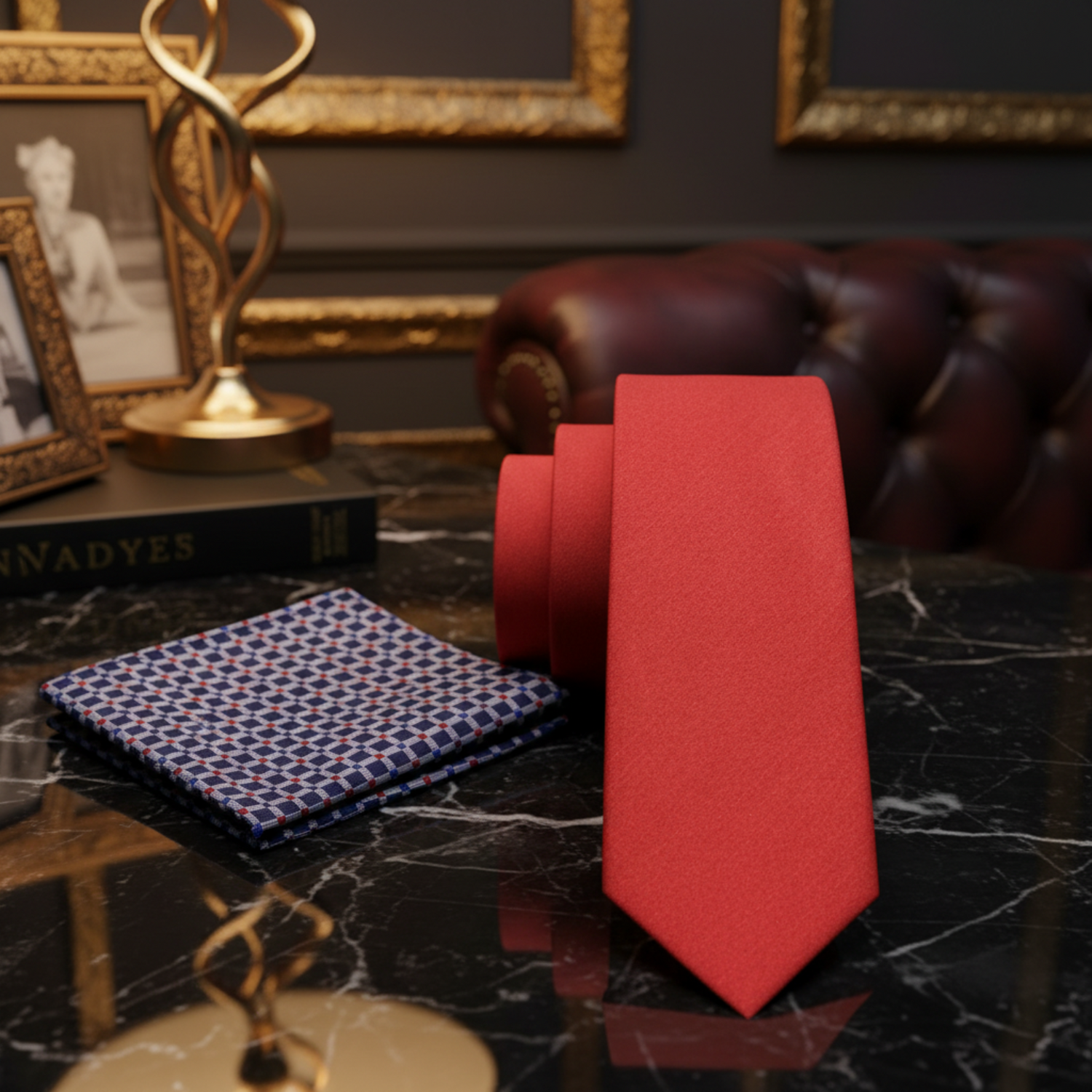 Alt View: Solid Red Square Necktie and Accenting Dark Blue, Grey and Red Small Check Square