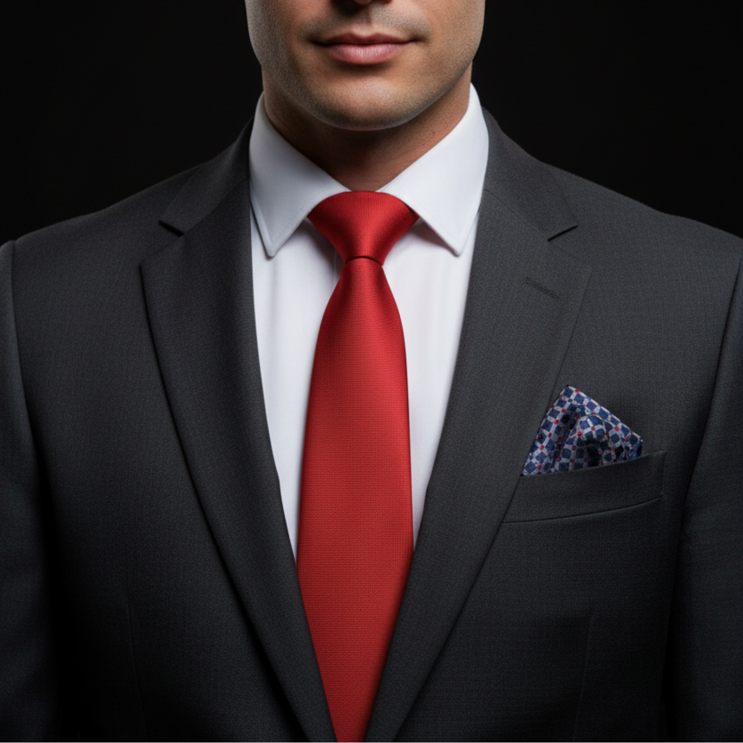 Red Tie and Accenting Square on suit