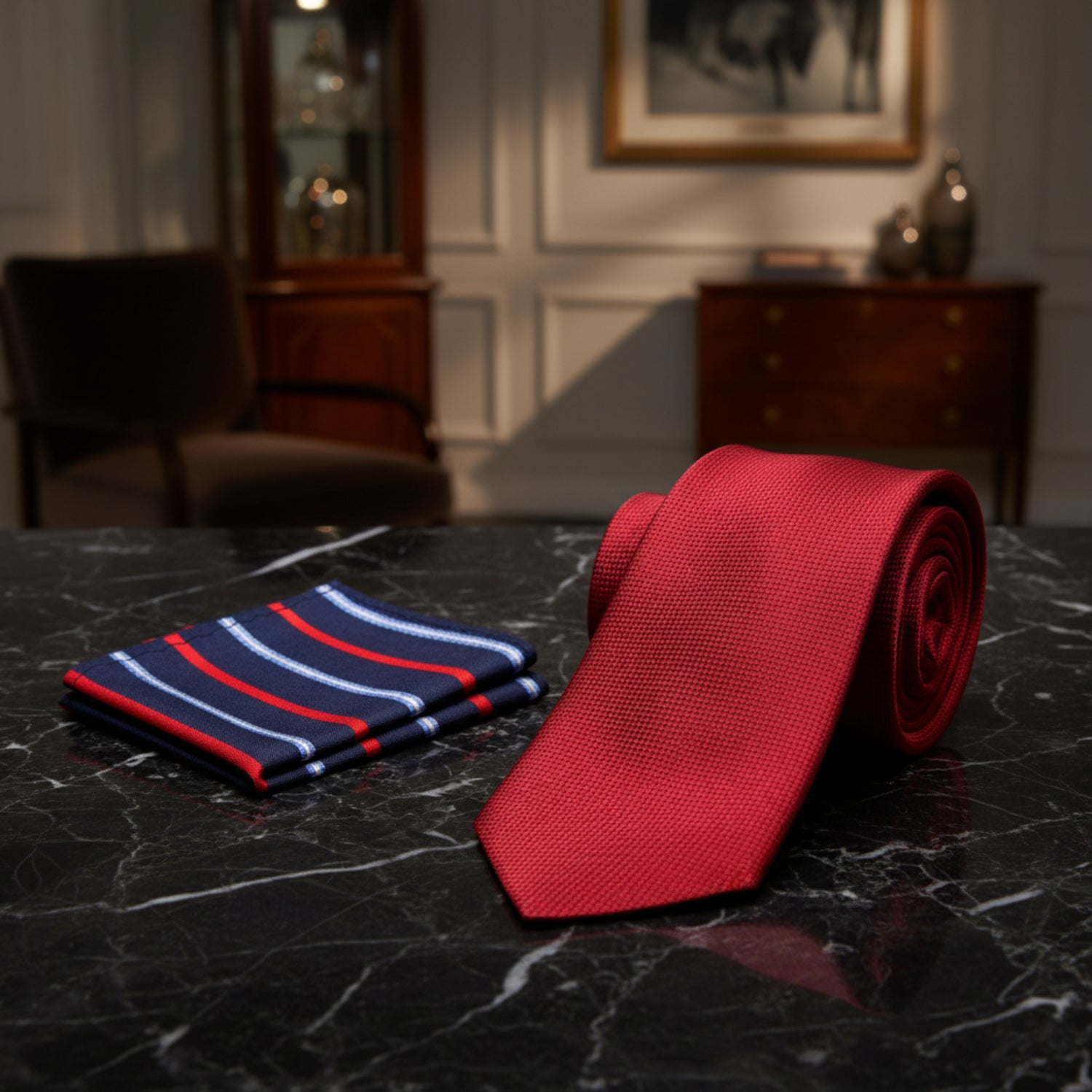 Alt View: Solid Red Necktie with Blue and Red Stripe Pocket Square