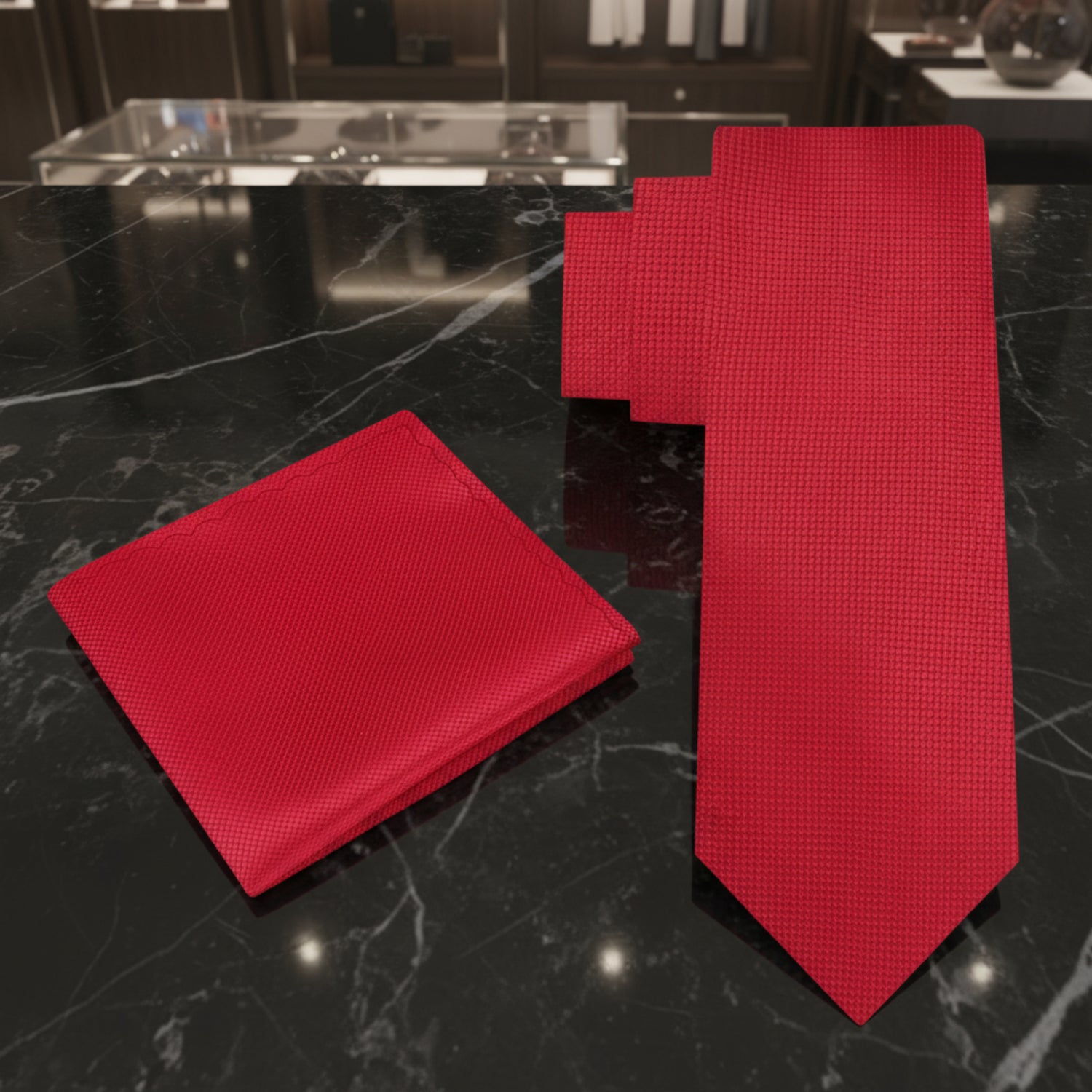 Alt View: Solid Red Necktie with Blue and Pocket Square