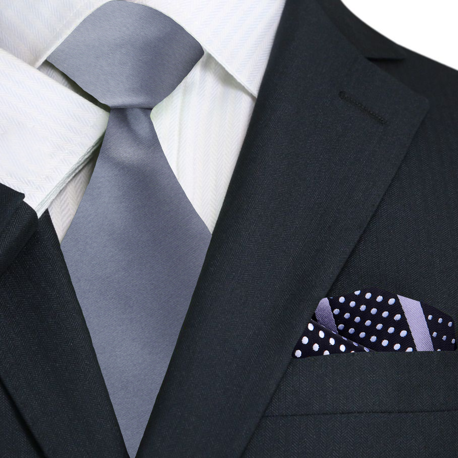 Black suit with gray tie and patterned pocket square
