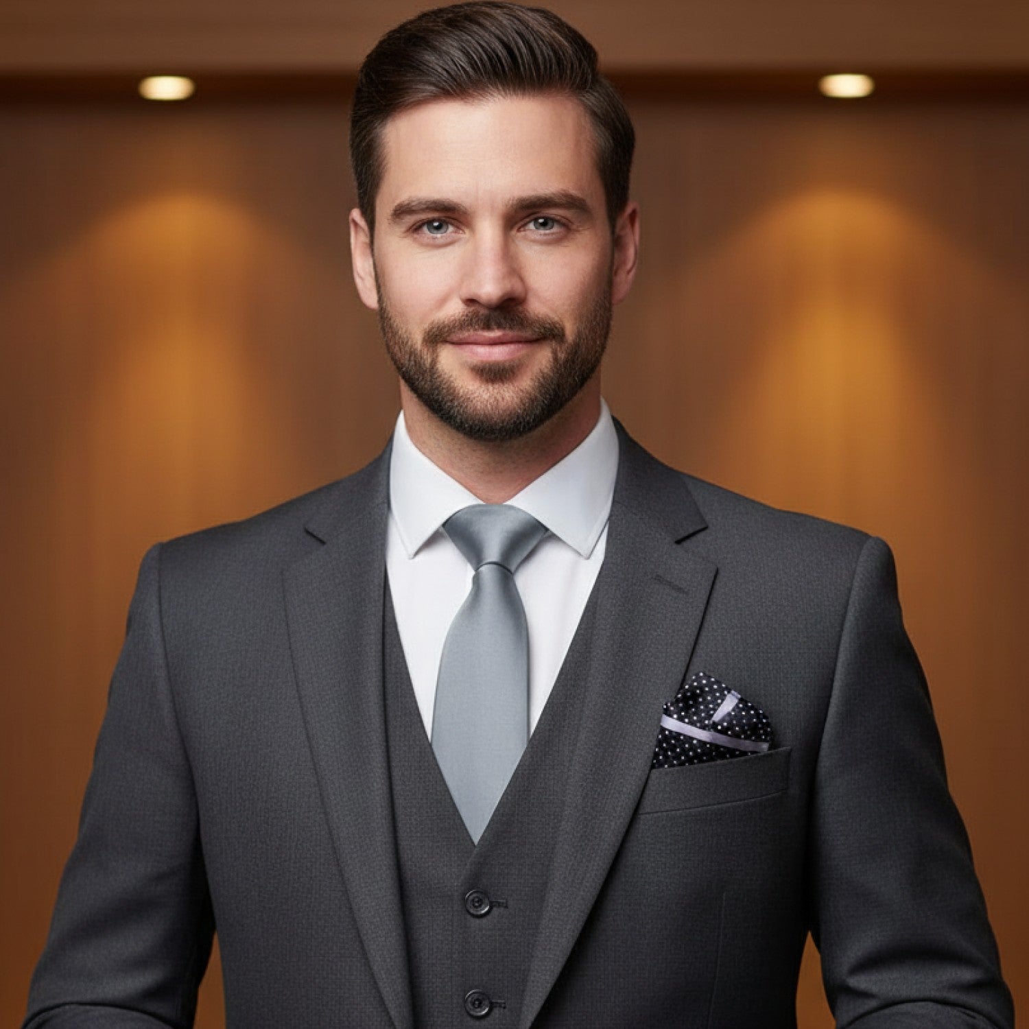 Man wearing a gray suit with a tie and pocket square against a warm-toned background