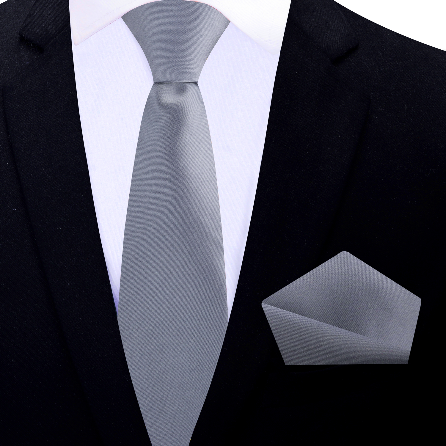 Thin Tie Grey Necktie and Matching Square