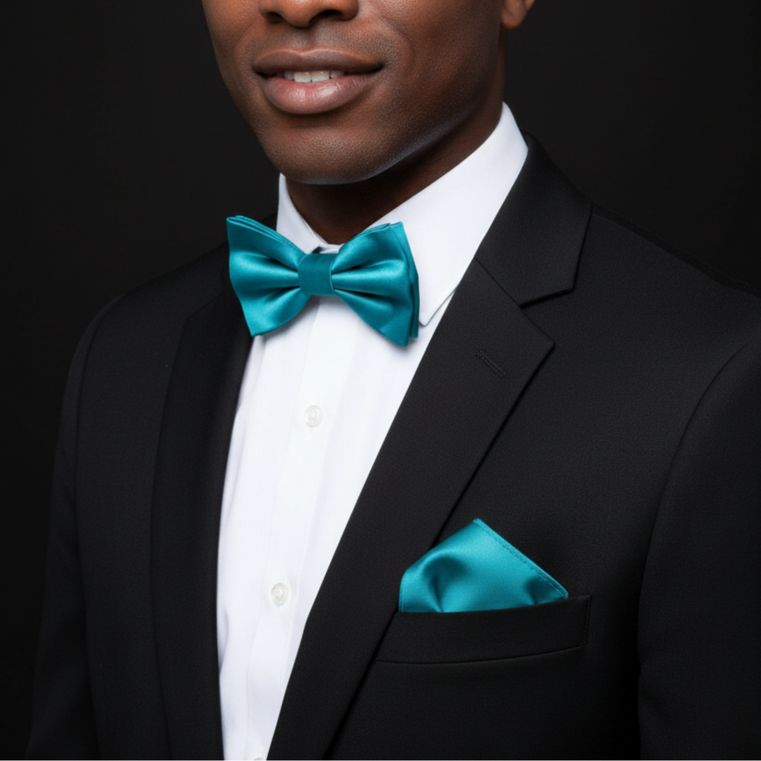 Solid Glossy Dark Cyan Silk Bow Tie and Pocket Square